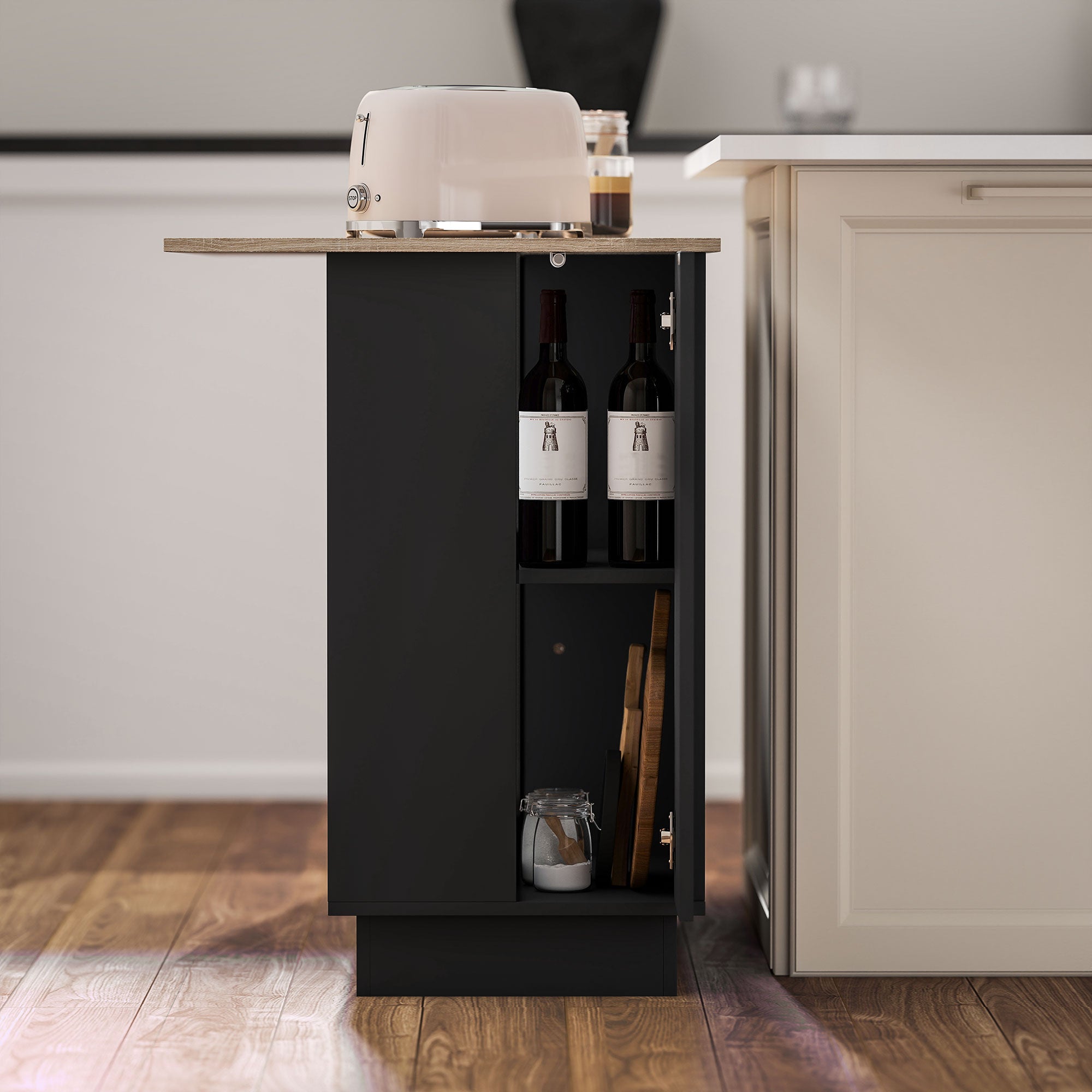 Desserte îlot de cuisine, meuble de cuisine de service, 105 x 60 cm, étagère réglable, 2 compartiments ouverts, 2 placards, plan de travail effet bois, noir