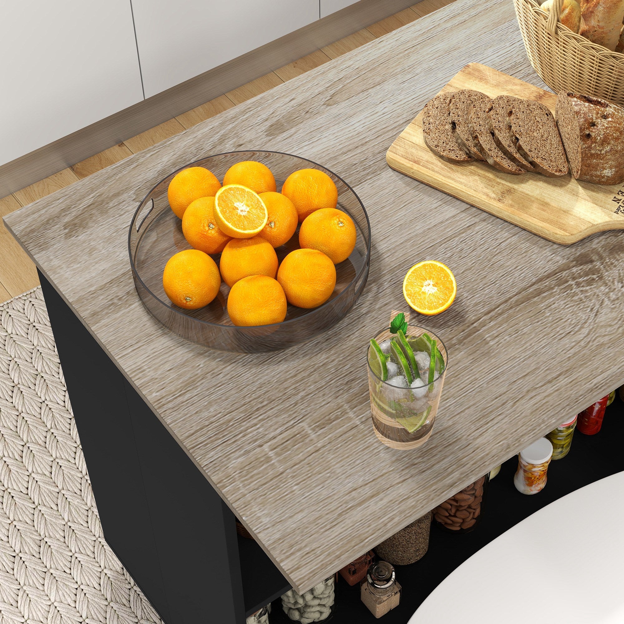 Desserte îlot de cuisine, meuble de cuisine de service, 105 x 60 cm, étagère réglable, 2 compartiments ouverts, 2 placards, plan de travail effet bois, noir