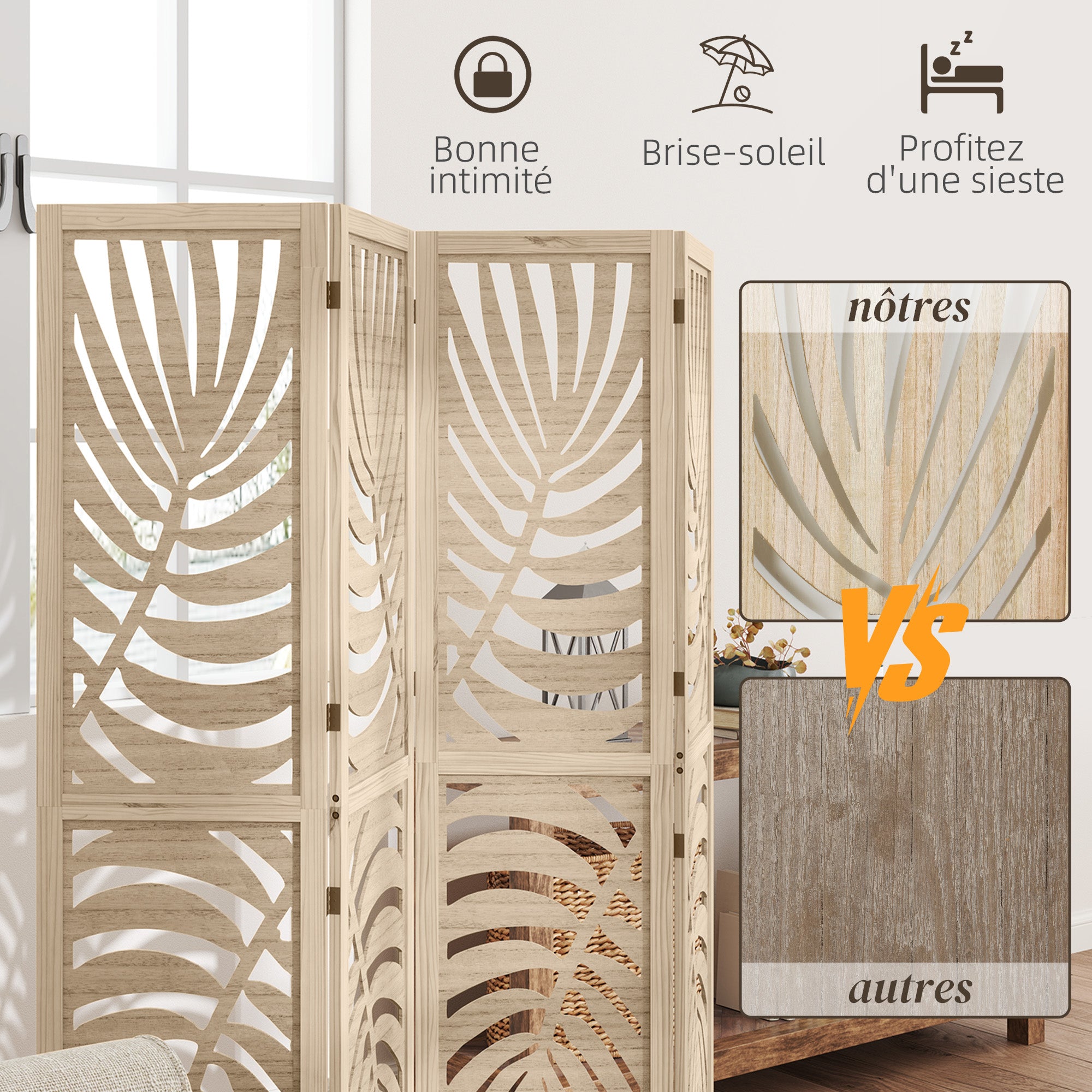 Paravent interieur en bois 4 panneaux 160 x 170 cm séparateur de pièce pliable et portable, motif de feuille, cloison de séparation amovible pour salon chambre à coucher maison, bois naturel
