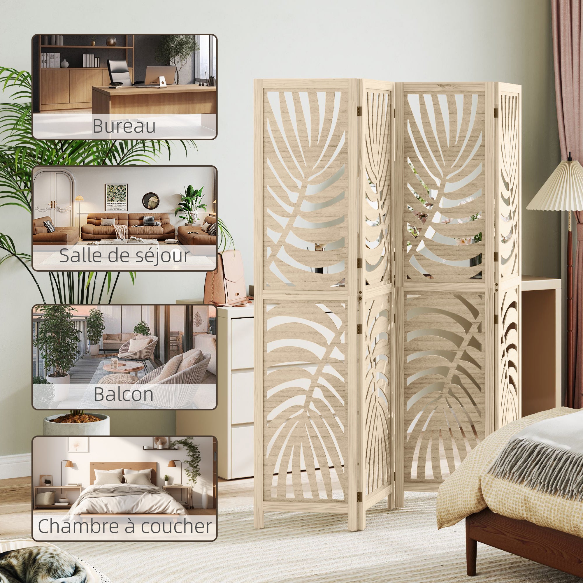 Paravent interieur en bois 4 panneaux 160 x 170 cm séparateur de pièce pliable et portable, motif de feuille, cloison de séparation amovible pour salon chambre à coucher maison, bois naturel