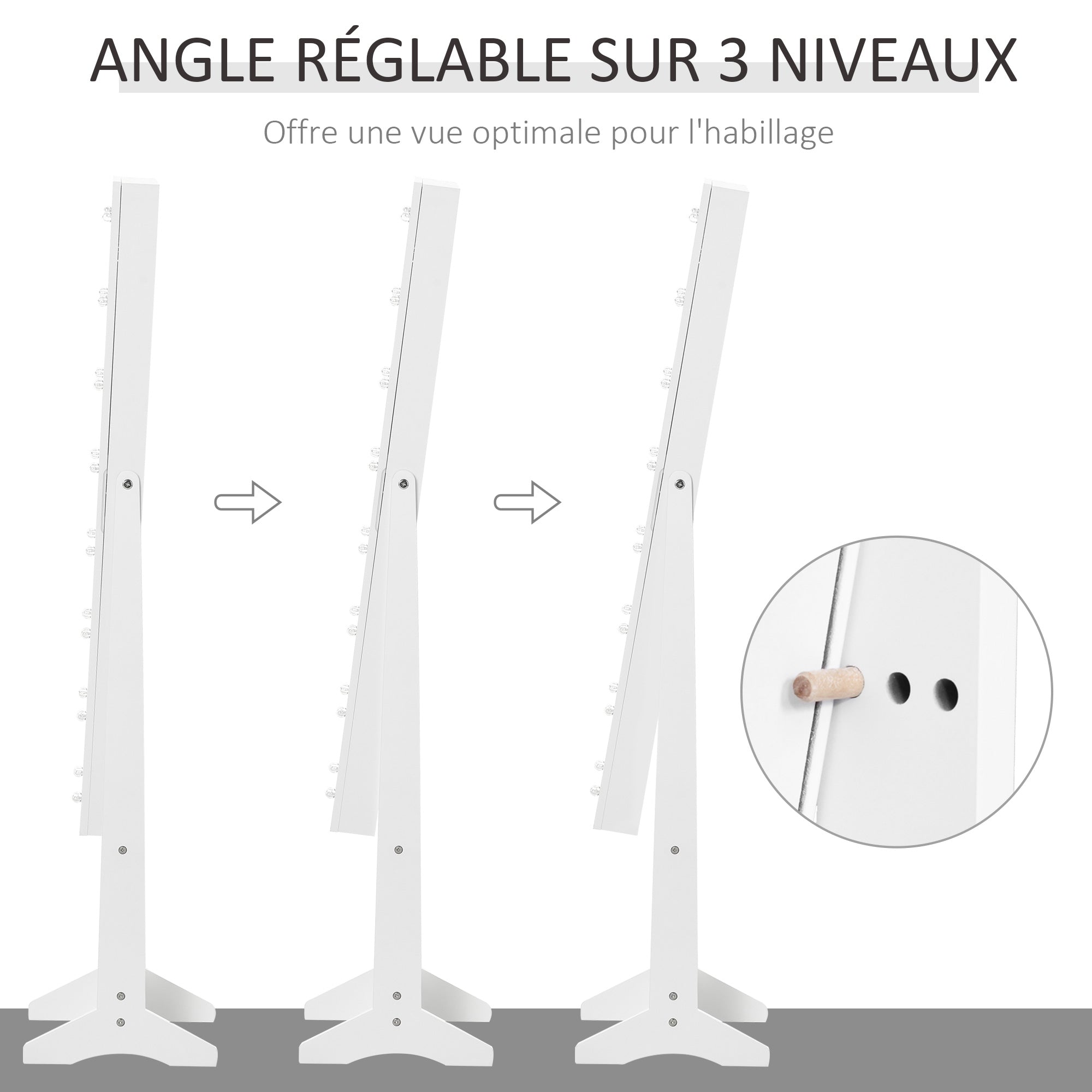 Armoire à bijoux armoire de rangement sur pieds boîte à bijoux avec miroir multi-rangements éclairage LED blanc