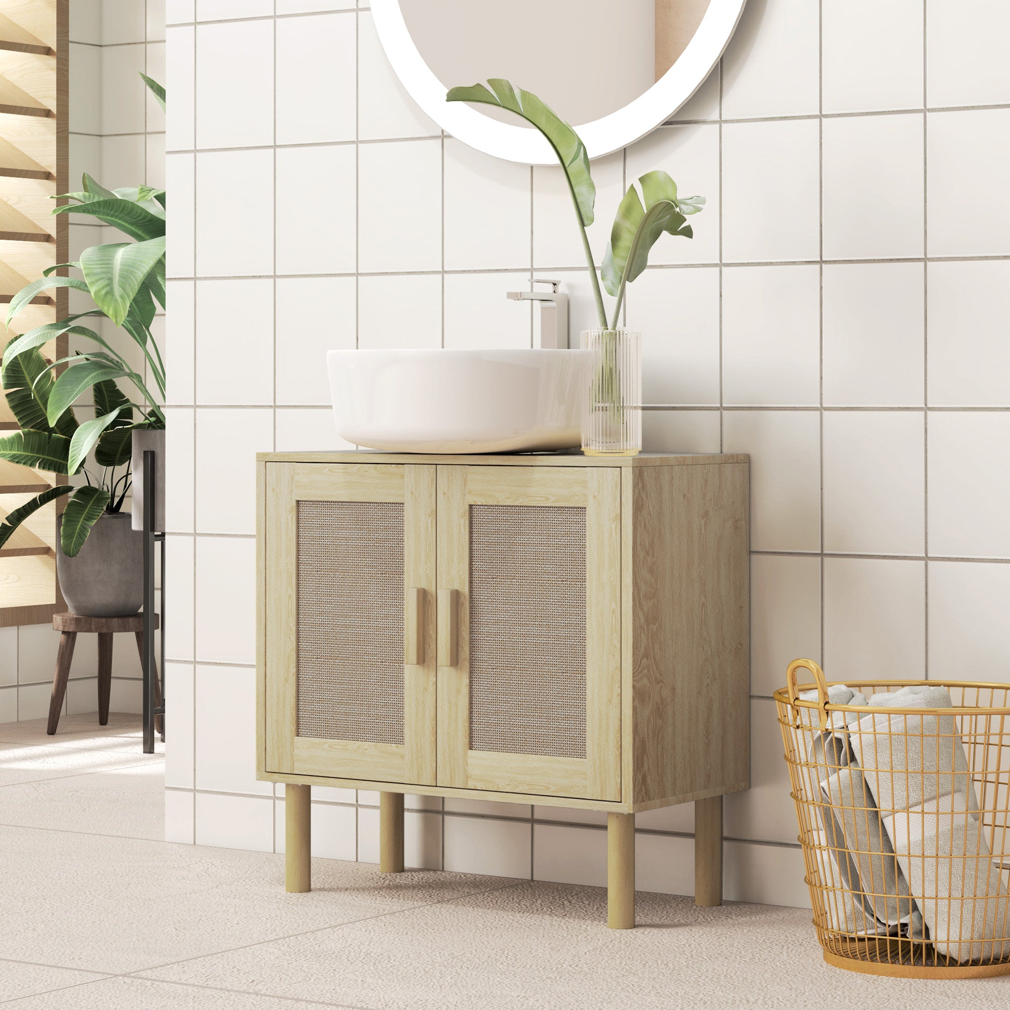 Meuble salle de bain sous lavabo, meuble sous lavabo, portes en rotin, style bohème, pieds en bois de pin, 2 niveaux, 60 x 30 x 60 cm, chêne