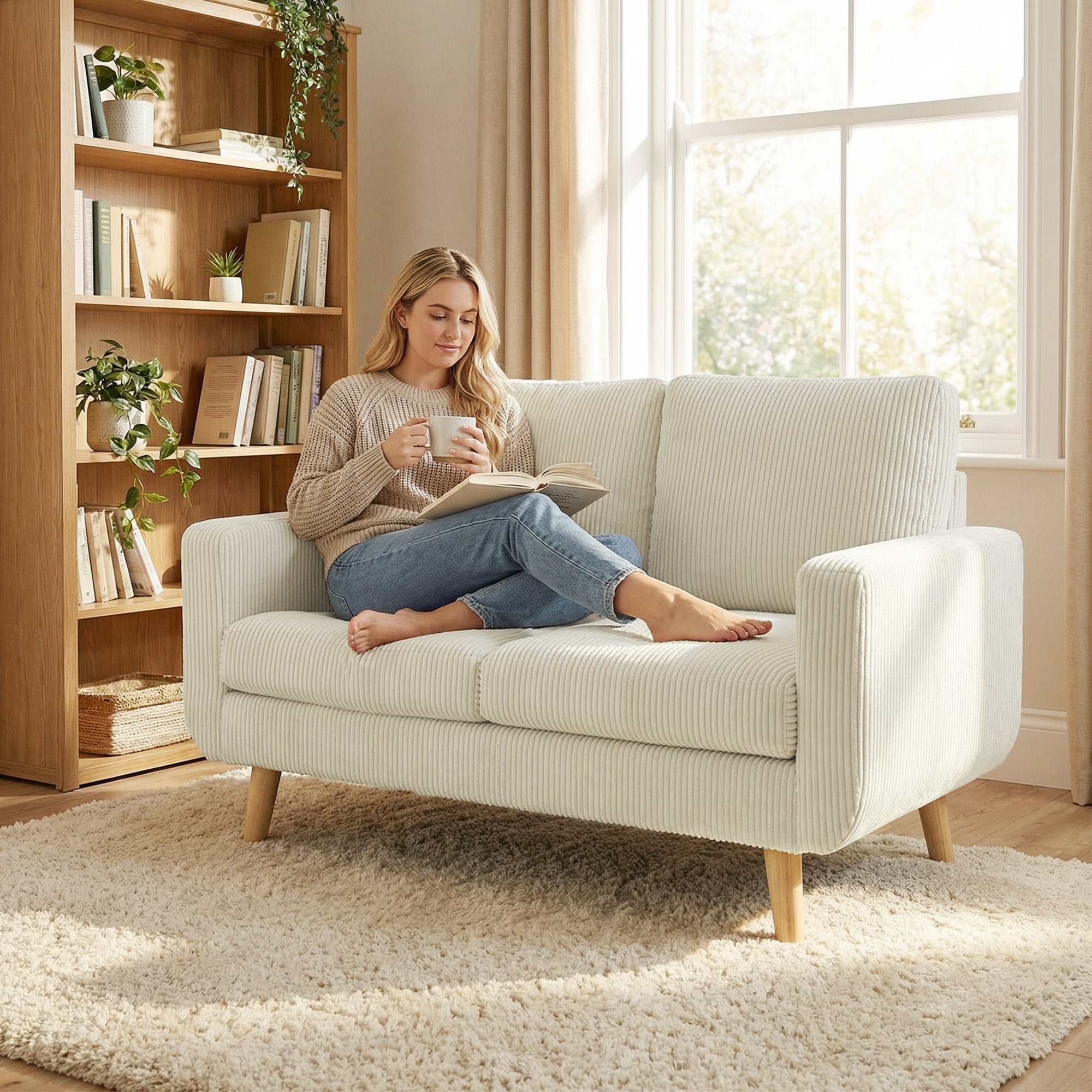 Canapé 2 places en velours côtelé, canapé de salon moderne 134 cm, assise rembourrée, coussin à ressorts, dossier épais, pieds en bois d'hévéa, pour chambre, appartement, petit espace, crème