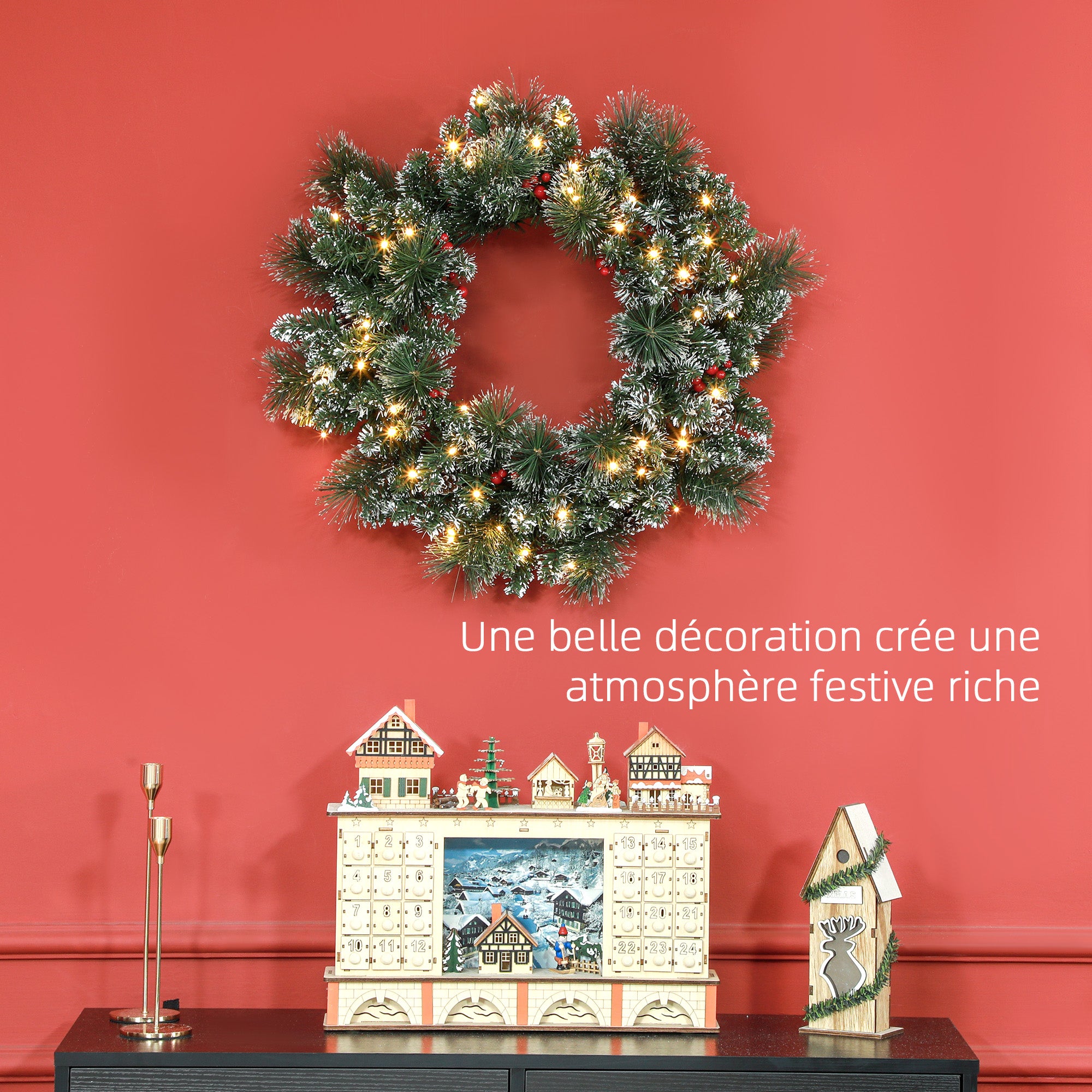 Couronne de Noël porte artificielle 60 CM décoration de Noël lumineuse avec pommes de pin et grappes de baies, lumières LED et minuterie, pour porte, fenêtre ou cheminée, vert