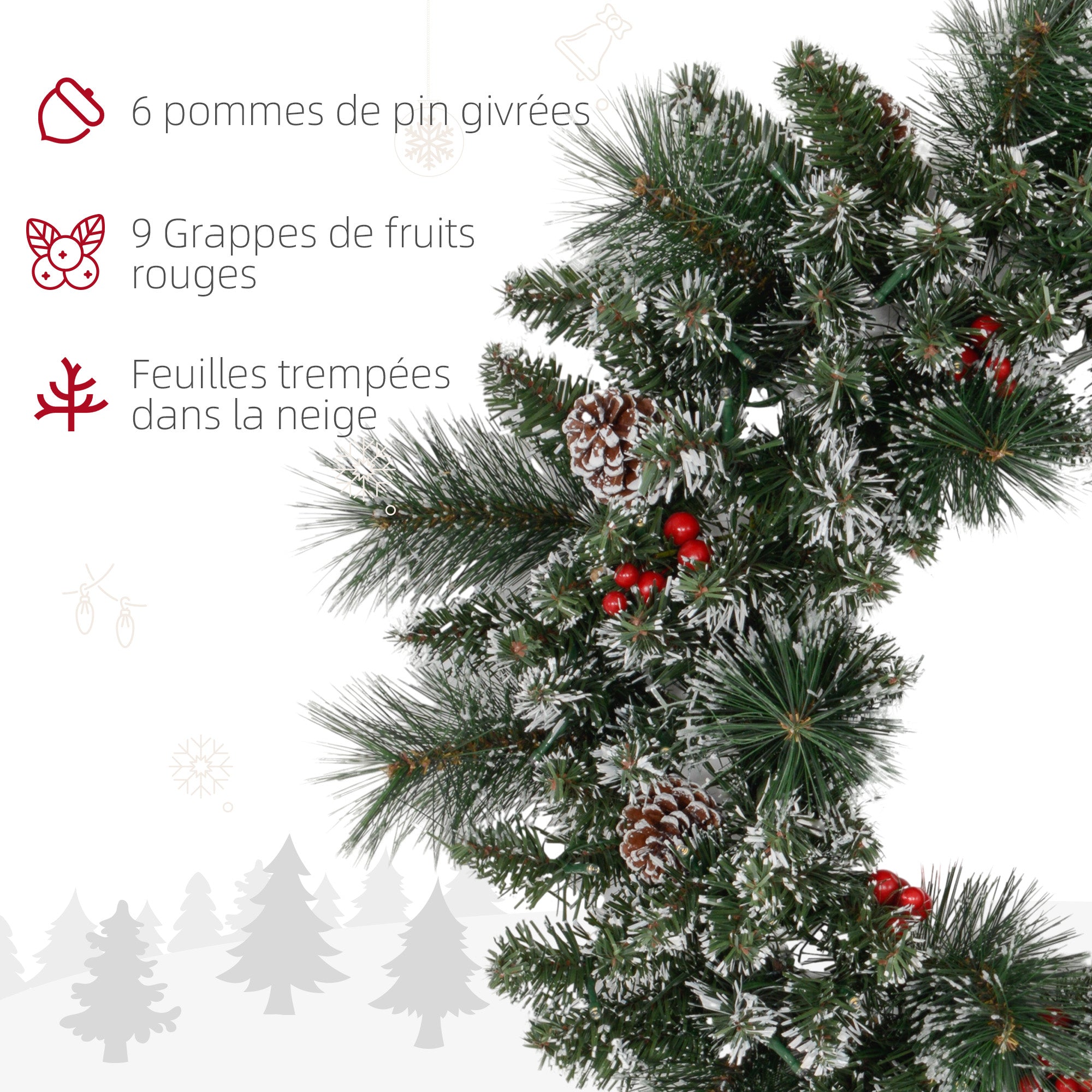 Couronne de Noël porte artificielle 60 CM décoration de Noël lumineuse avec pommes de pin et grappes de baies, lumières LED et minuterie, pour porte, fenêtre ou cheminée, vert