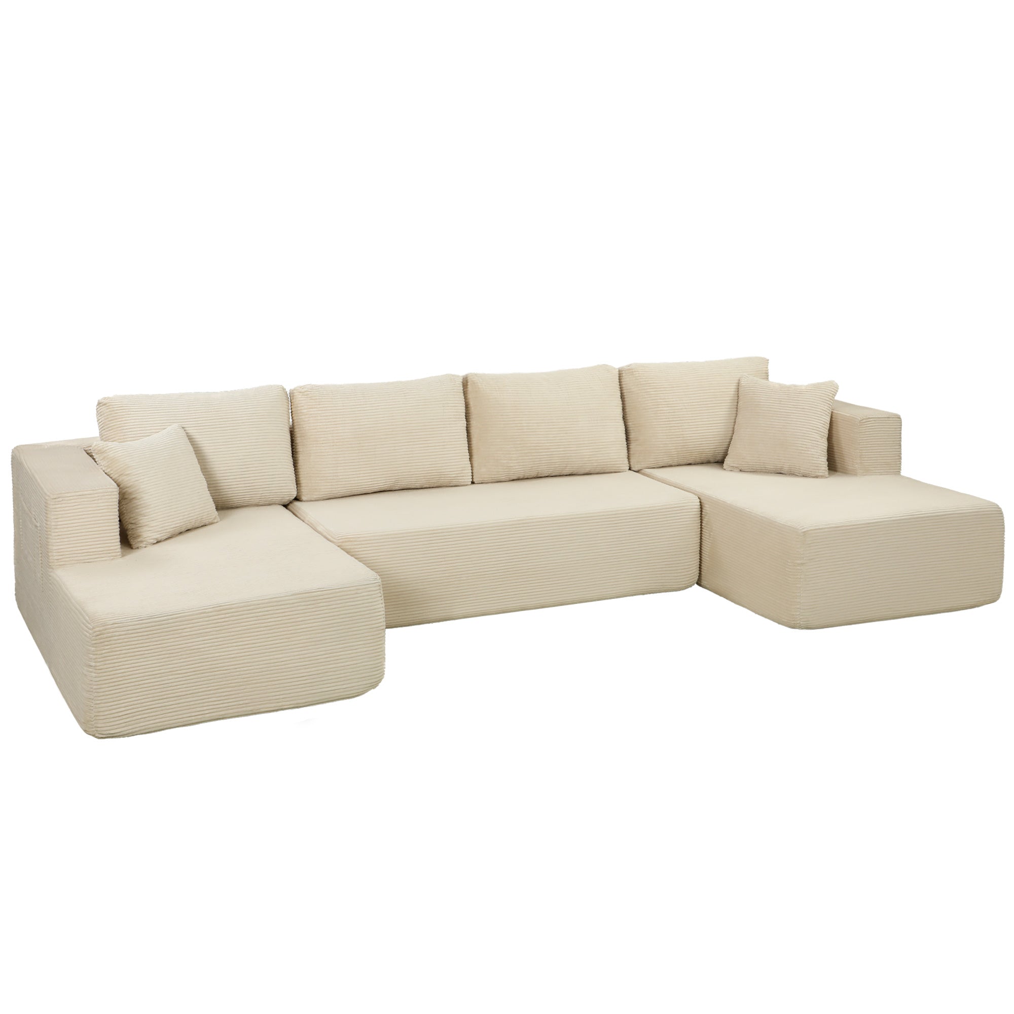 Canapé Modulaire en U Compressé 337 cm, Canapé 4 places Convertible en Velours Côtelé, 2 Méridiennes, 6 Coussins, Assise Large et Poches Latérales, pour Salon, Aucun Assemblage Requis, Crème