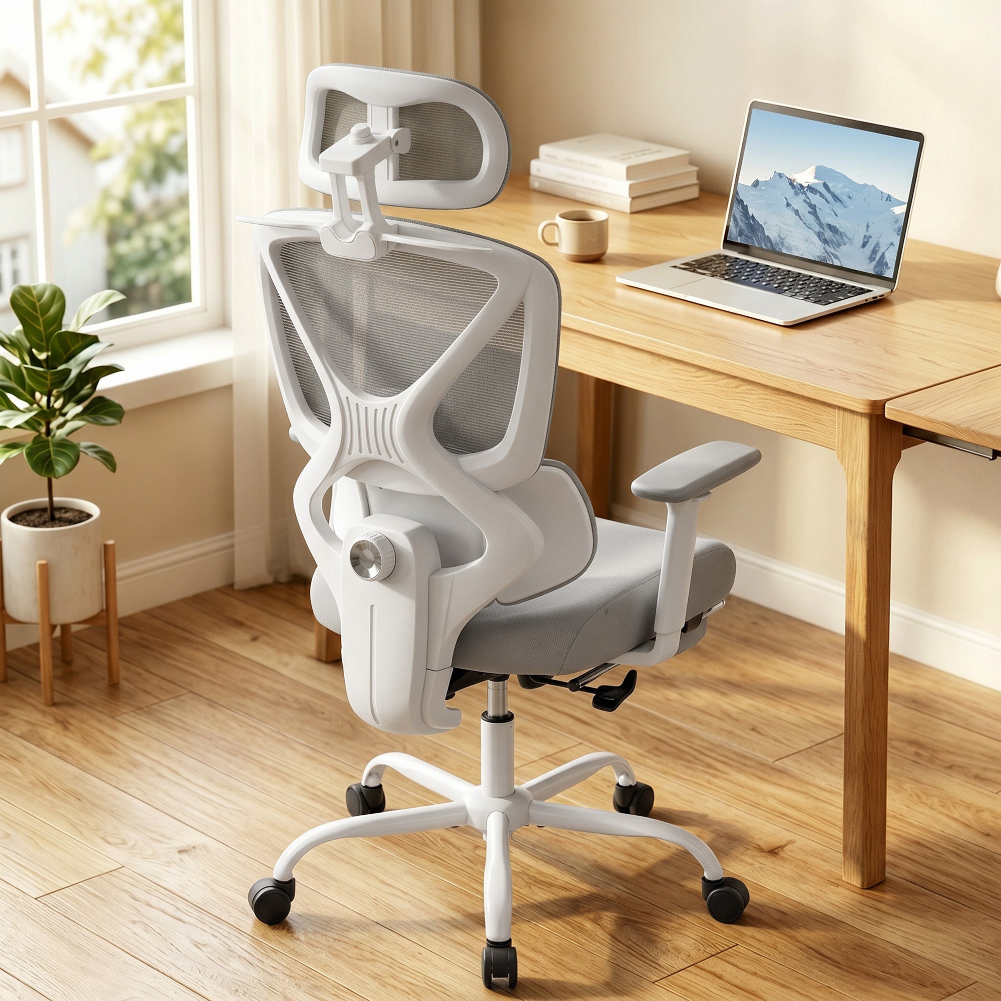 Chaise bureau ergonomique, fauteuil de bureau avec soutien lombaire dynamique adaptatif, accoudoirs 3D, dossier inclinable, hauteur et appui-tête réglables, repose-pieds, pivotant à 360°, gris