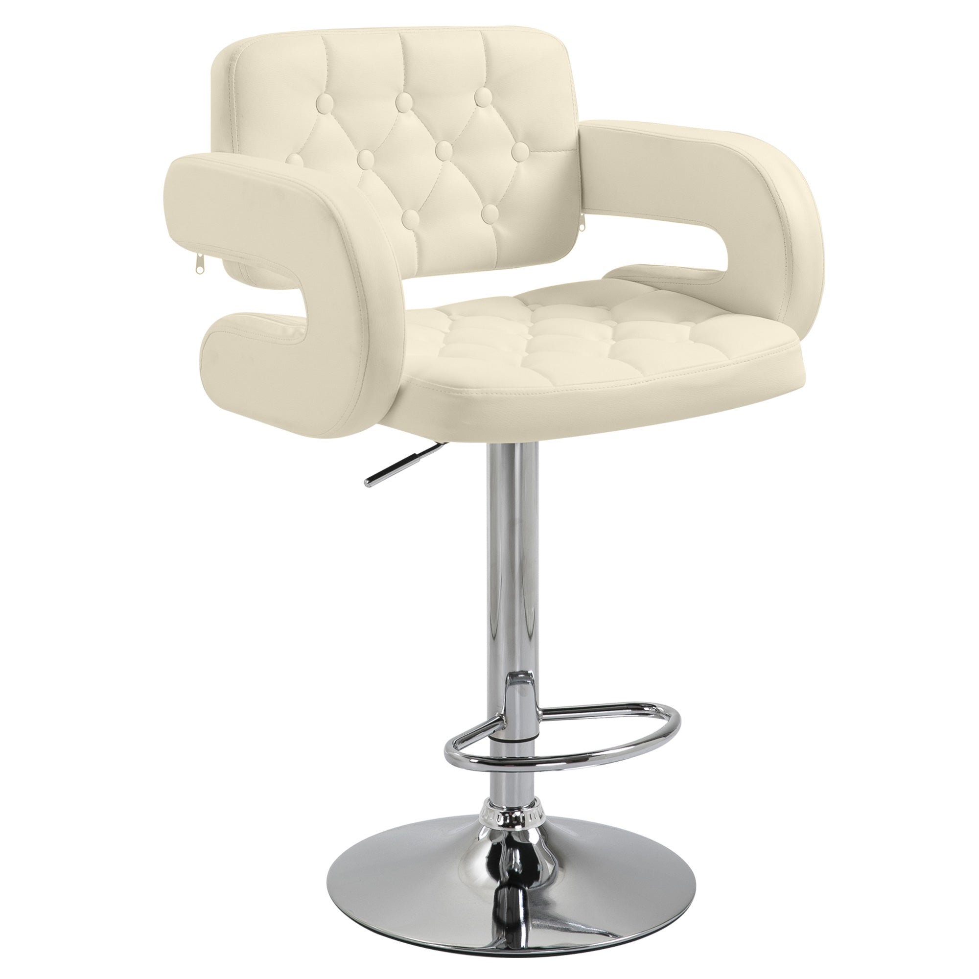 Tabouret de bar pivotant à 360°, chaise de bar réglable en hauteur avec dossier rembourrée, repose-pieds et accoudoirs, chaise haute cuisine en PU et métal pour salle à manger, comptoir, blanc