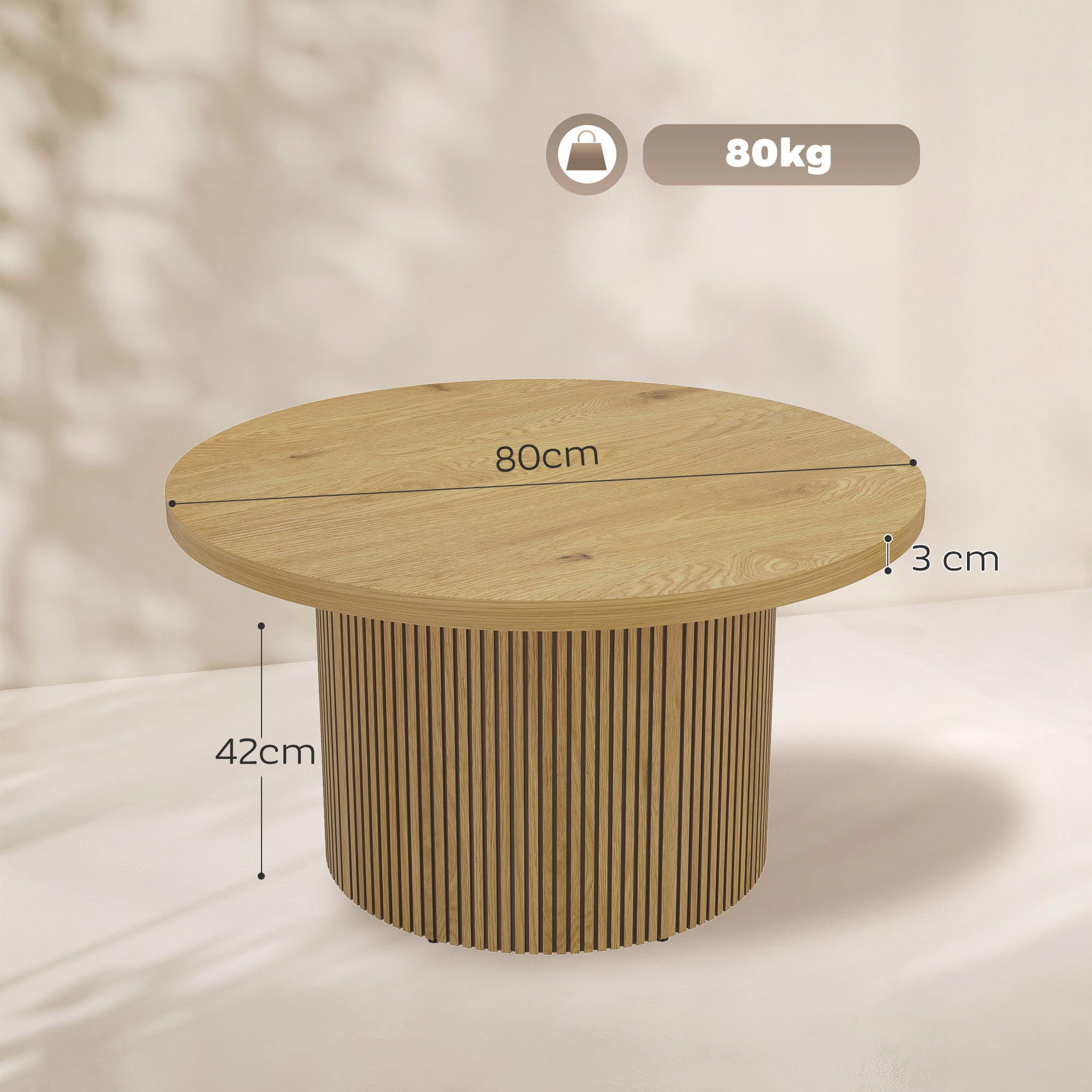 Table basse ronde en bois, table de salon avec piètement cannelé, style moderne, pour chambre, séjour et bureau, 80 x 80 x 45 cm, effet bois naturel
