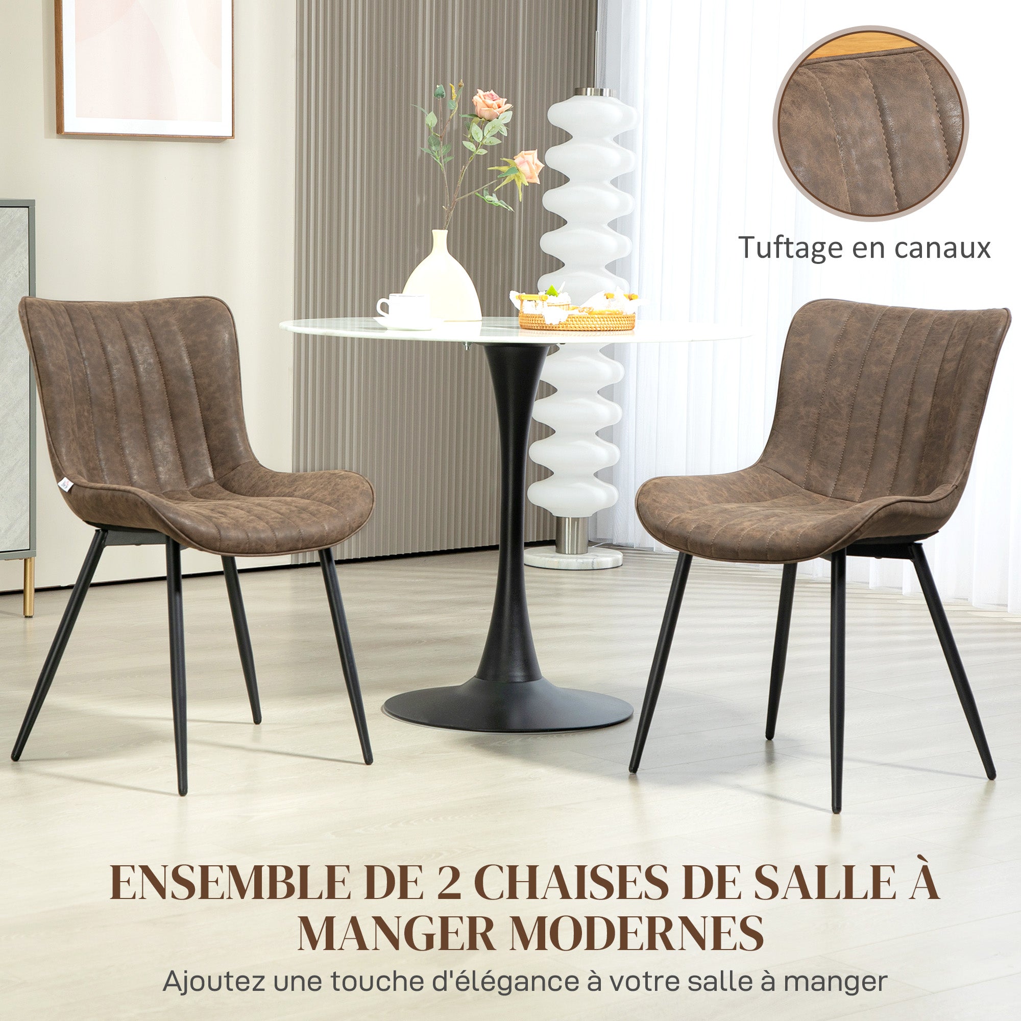 Lot de 2 chaises salle à manger chaise de cuisine moderne en revêtement synthétique avec design capitonné et pieds en métal, pour salon, salle à manger, chambre à coucher, marron