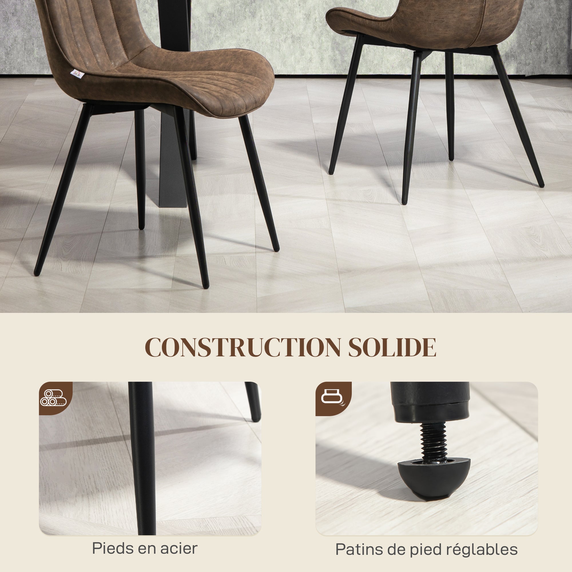 Lot de 2 chaises salle à manger chaise de cuisine moderne en revêtement synthétique avec design capitonné et pieds en métal, pour salon, salle à manger, chambre à coucher, marron