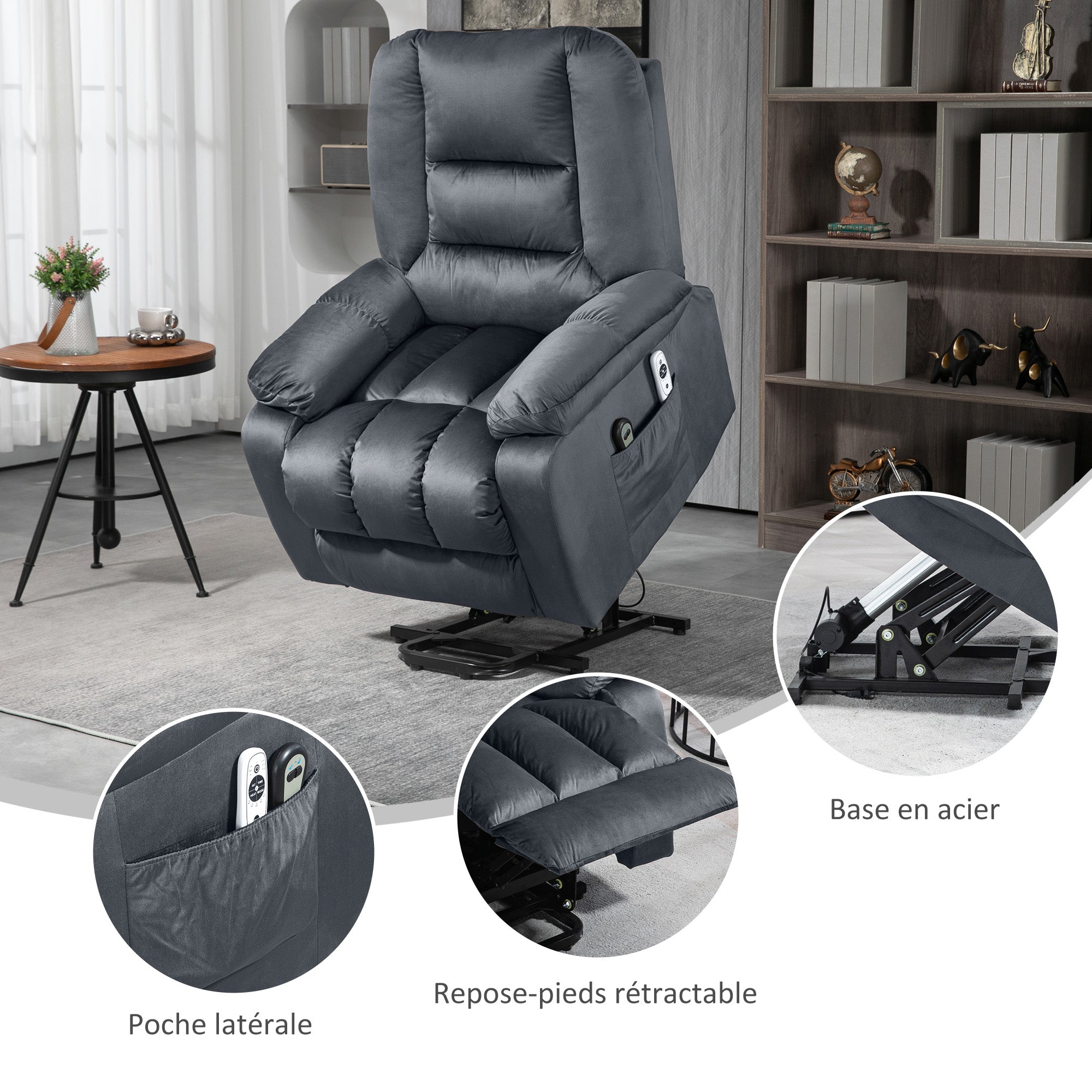 Fauteuil releveur électrique, fauteuil relax électrique, assemblage facile, 8 points de massage vibrants, chauffant, revêtement en imitation velours, 2 télécommandes, gris
