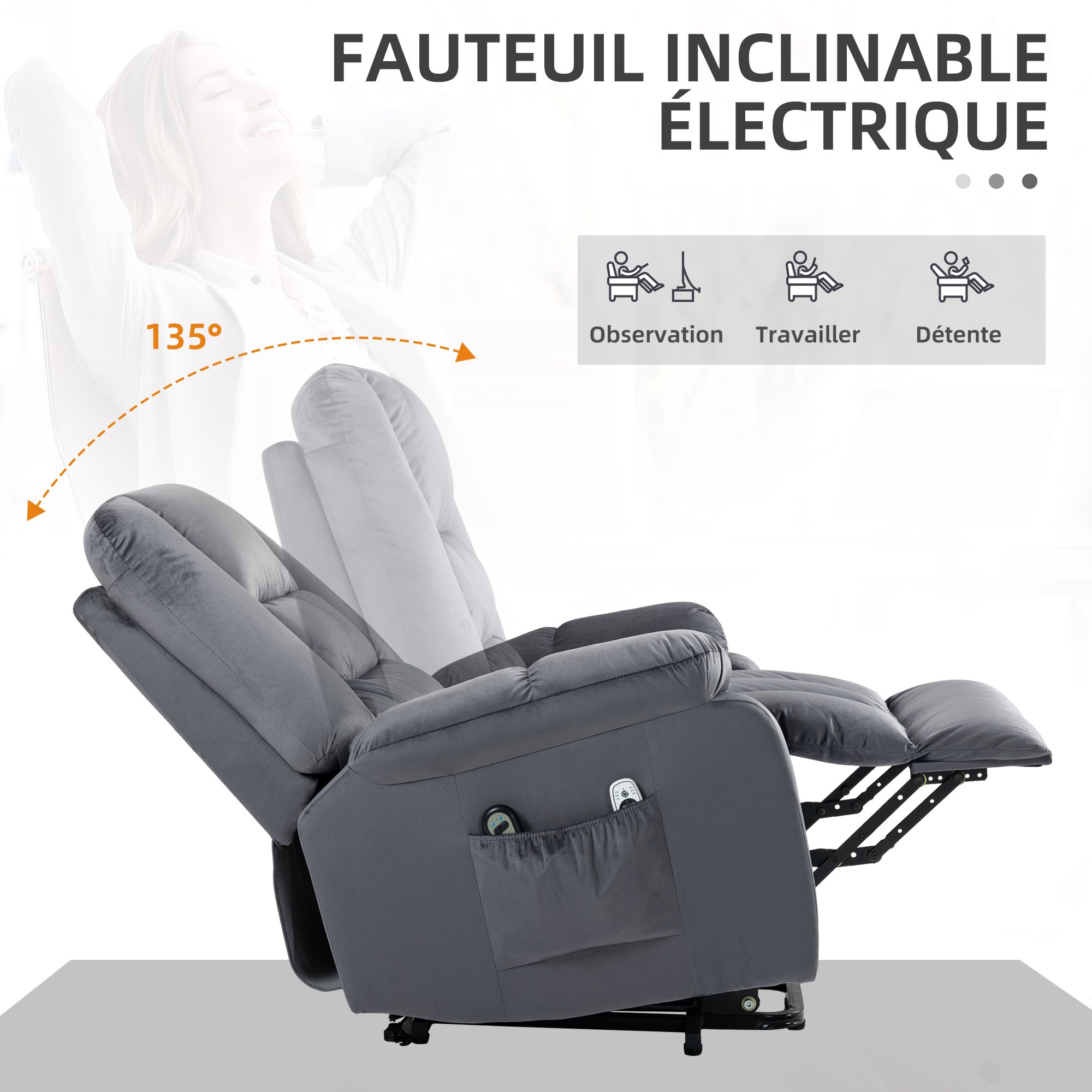 Fauteuil releveur électrique, fauteuil relax électrique, assemblage facile, 8 points de massage vibrants, chauffant, revêtement en imitation velours, 2 télécommandes, gris