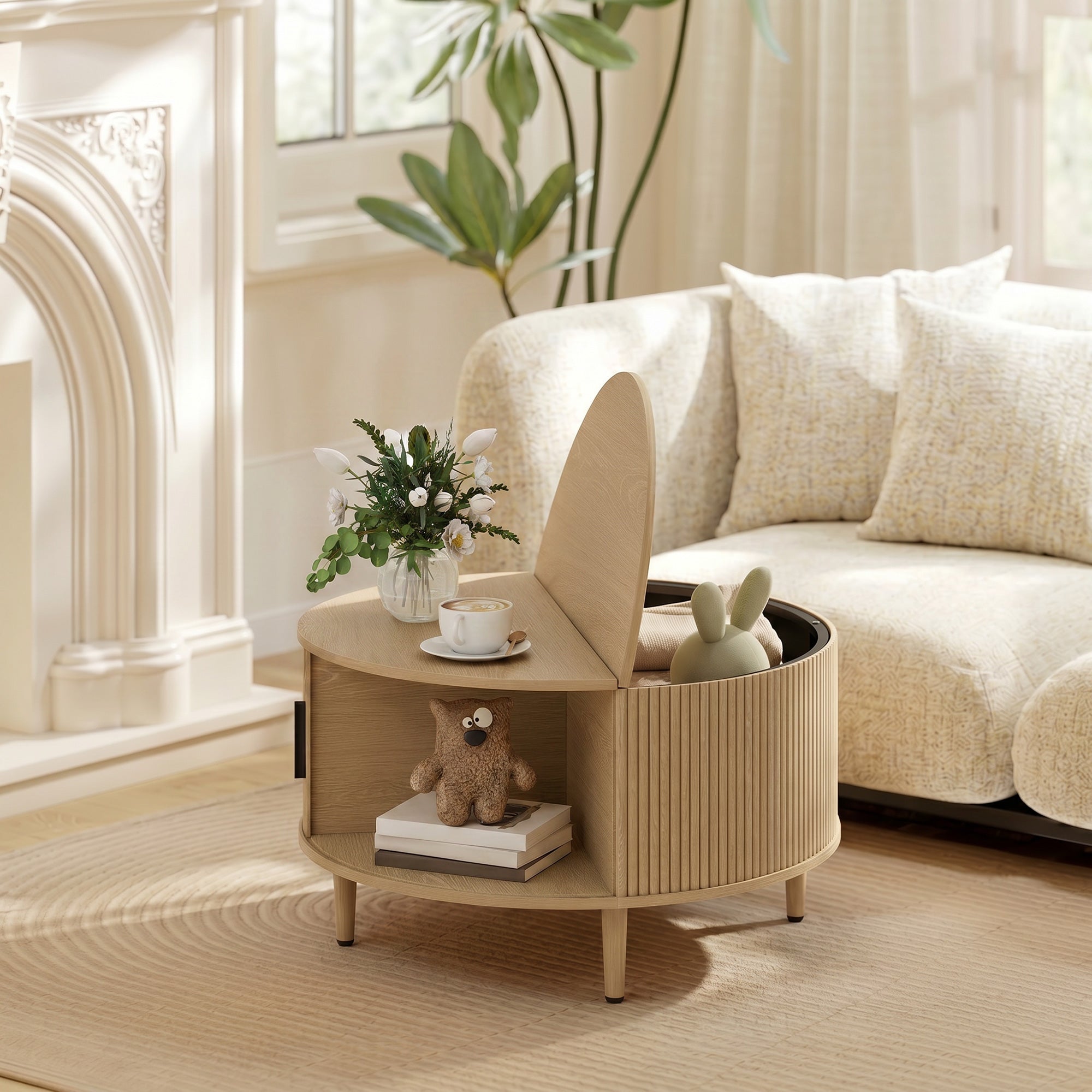 Table Basse Ronde Ø 80 cm, Table de Salon avec Plateau Relevable et Porte Coulissante à Rainures, Base en Tambour, Style Moderne, pour Chambre, Séjour e Bureau, Effet Bois Naturel