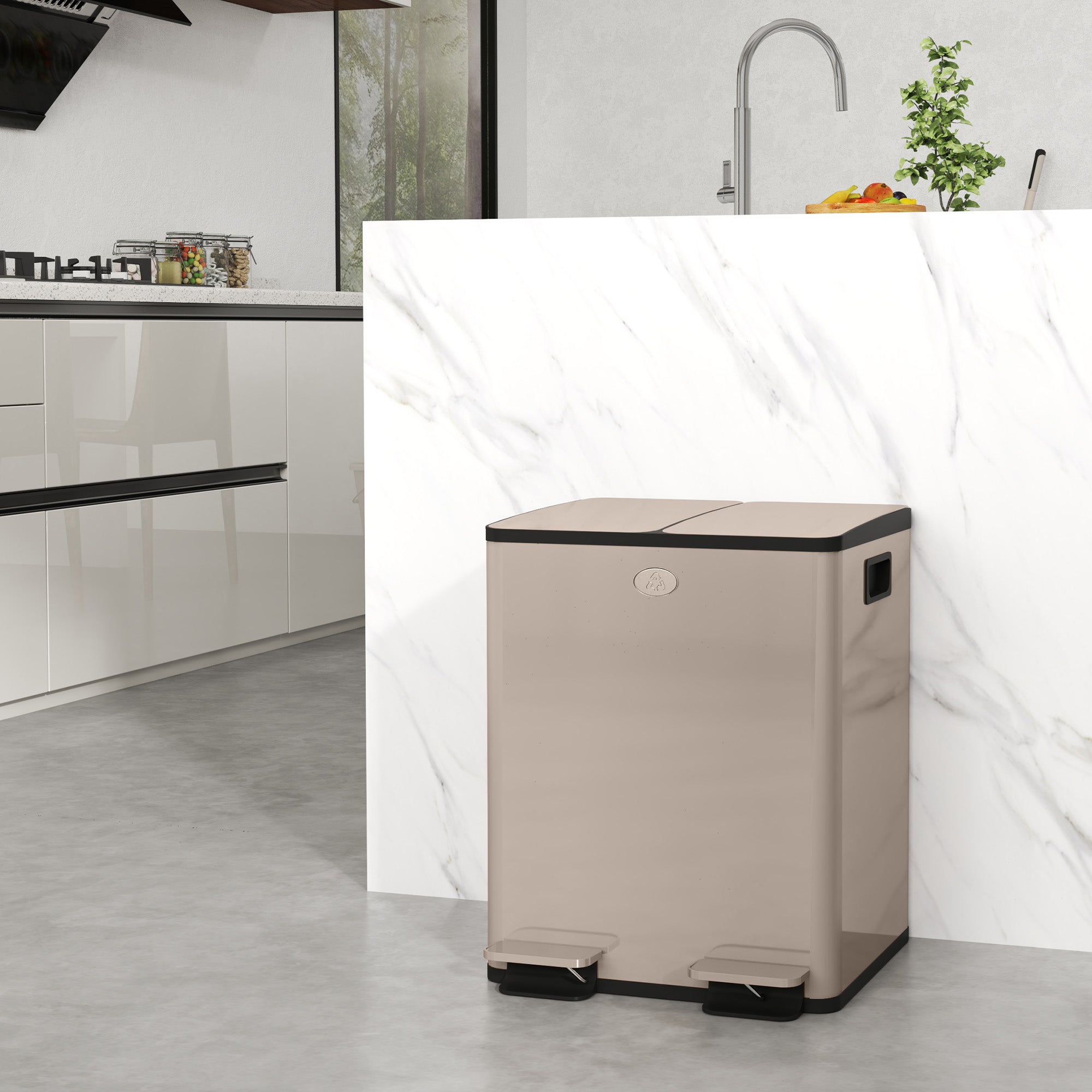 Poubelle à double compartiment 2x20L, poubelle de cuisine à pédale en acier inoxydable, seaux intérieurs amovibles, couvercle à fermeture douce maintien en ouverture, anti traces, or