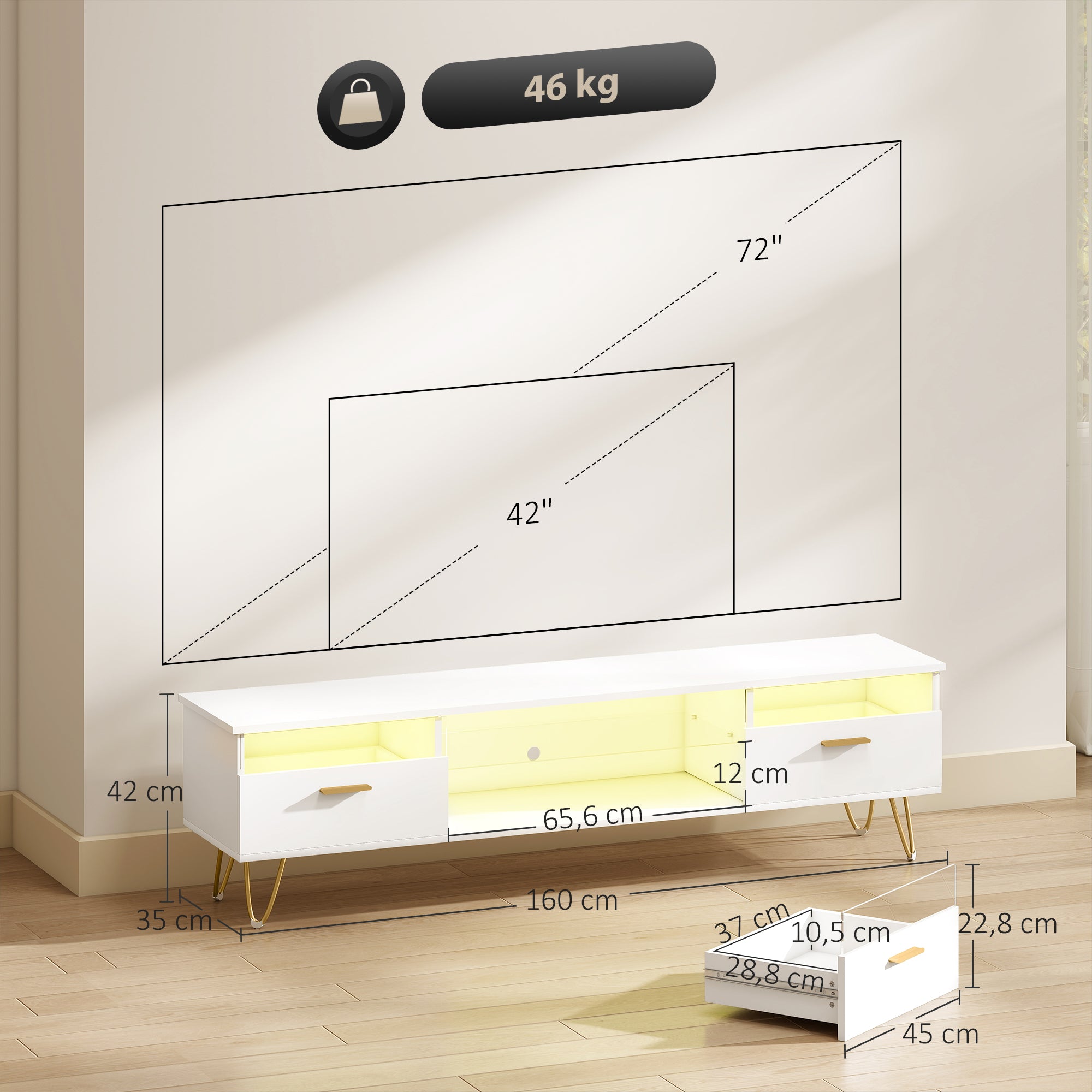 Meuble TV avec LED RGB de 16 couleurs meuble télé pour téléviseur jusqu'à 42 à 120 pouces avec 2 tiroirs et étagère ouverte, banc TV moderne pour salon chambre à coucher, 160x35x42cm, blanc