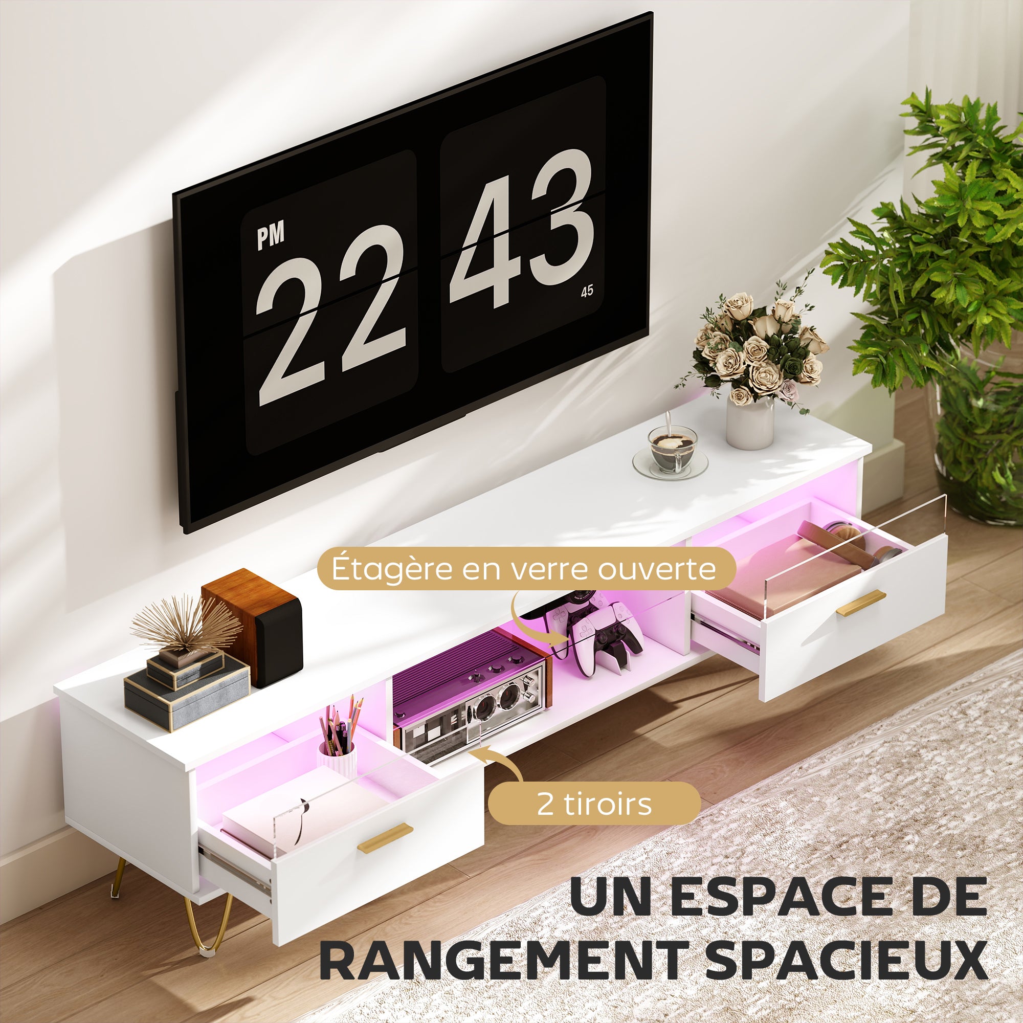 Meuble TV avec LED RGB de 16 couleurs meuble télé pour téléviseur jusqu'à 42 à 120 pouces avec 2 tiroirs et étagère ouverte, banc TV moderne pour salon chambre à coucher, 160x35x42cm, blanc