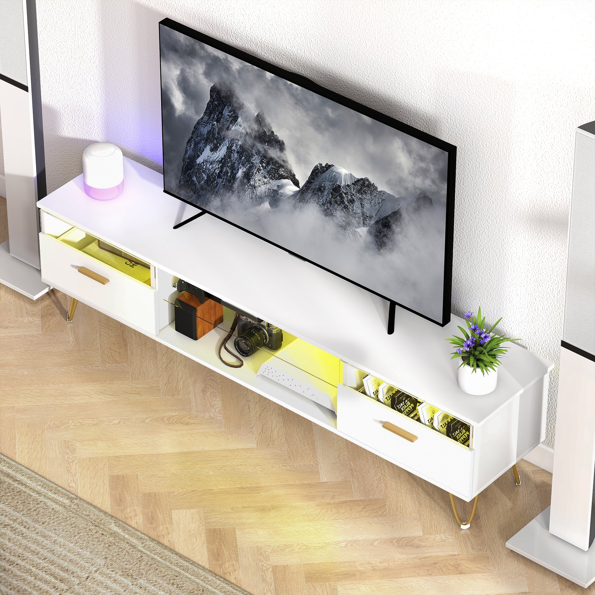 Meuble TV avec LED RGB de 16 couleurs meuble télé pour téléviseur jusqu'à 42 à 120 pouces avec 2 tiroirs et étagère ouverte, banc TV moderne pour salon chambre à coucher, 160x35x42cm, blanc