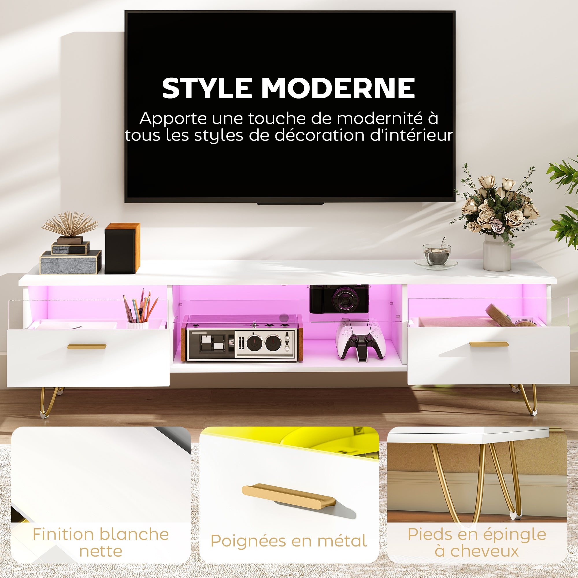 Meuble TV avec LED RGB de 16 couleurs meuble télé pour téléviseur jusqu'à 42 à 120 pouces avec 2 tiroirs et étagère ouverte, banc TV moderne pour salon chambre à coucher, 160x35x42cm, blanc