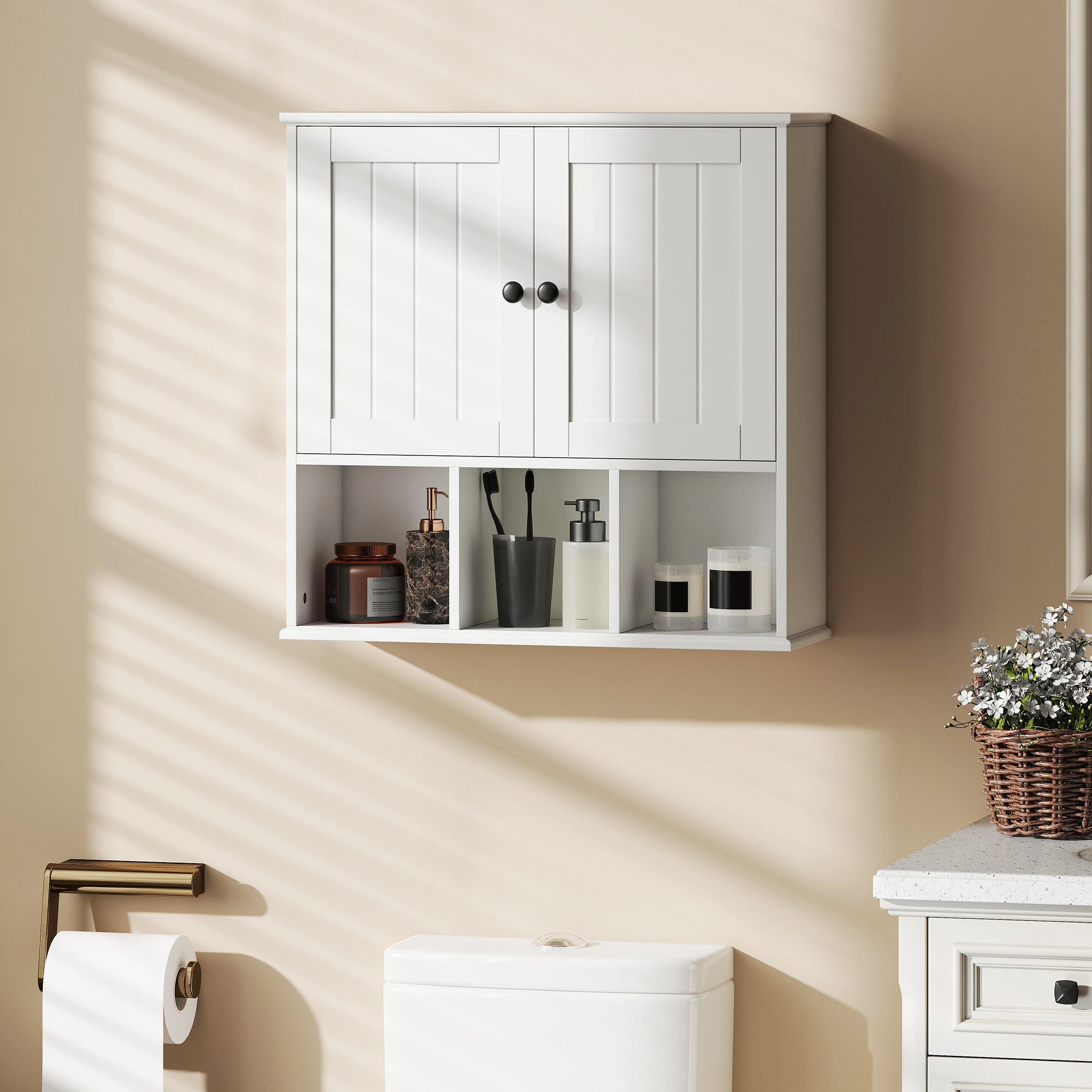 Armoire murale de salle de bain, meuble de rangement suspendu pour salle de bains avec 2 portes, étagère réglable et compartiments ouverts, meuble WC suspendu, 60 x 19,5 x 60 cm, blanc