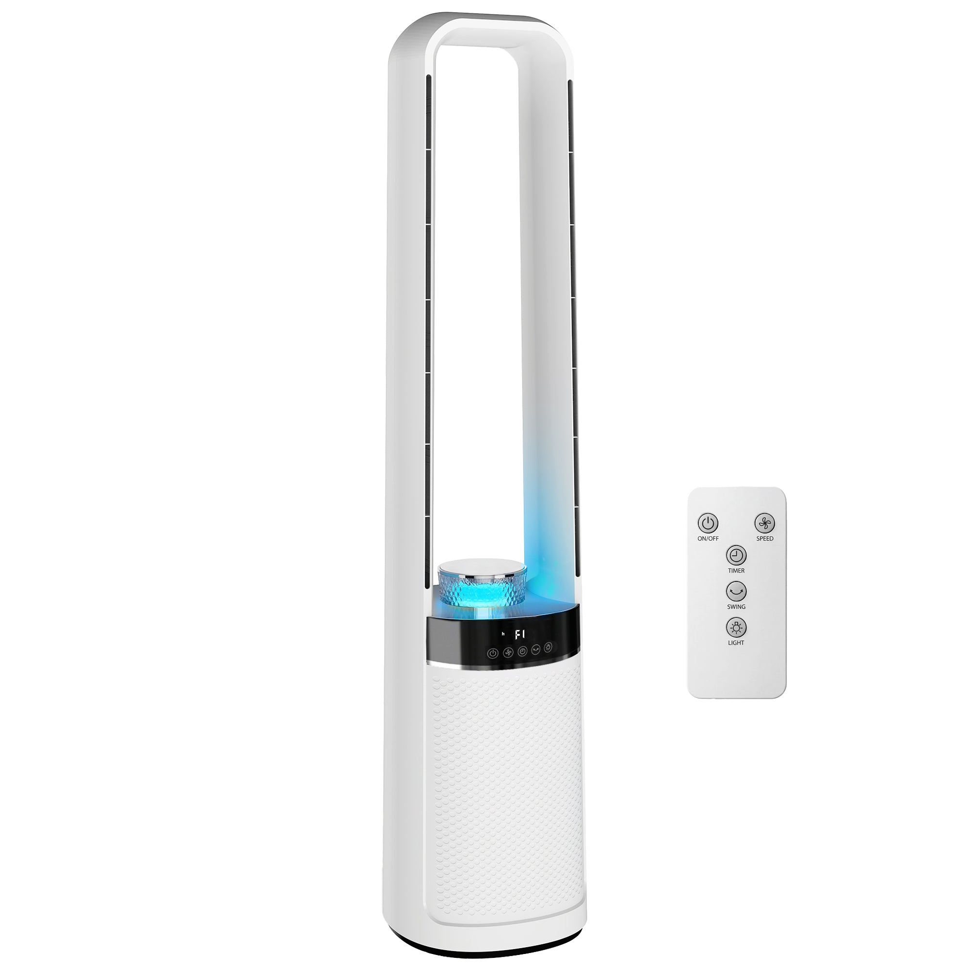 Ventilateur colonne silencieux 36dB, ventilateur tour pour chambre, 93,3cm de haut, oscillant à 45°, lumières LED, 3 vitesses, minuteur 12H, télécommande, blanc