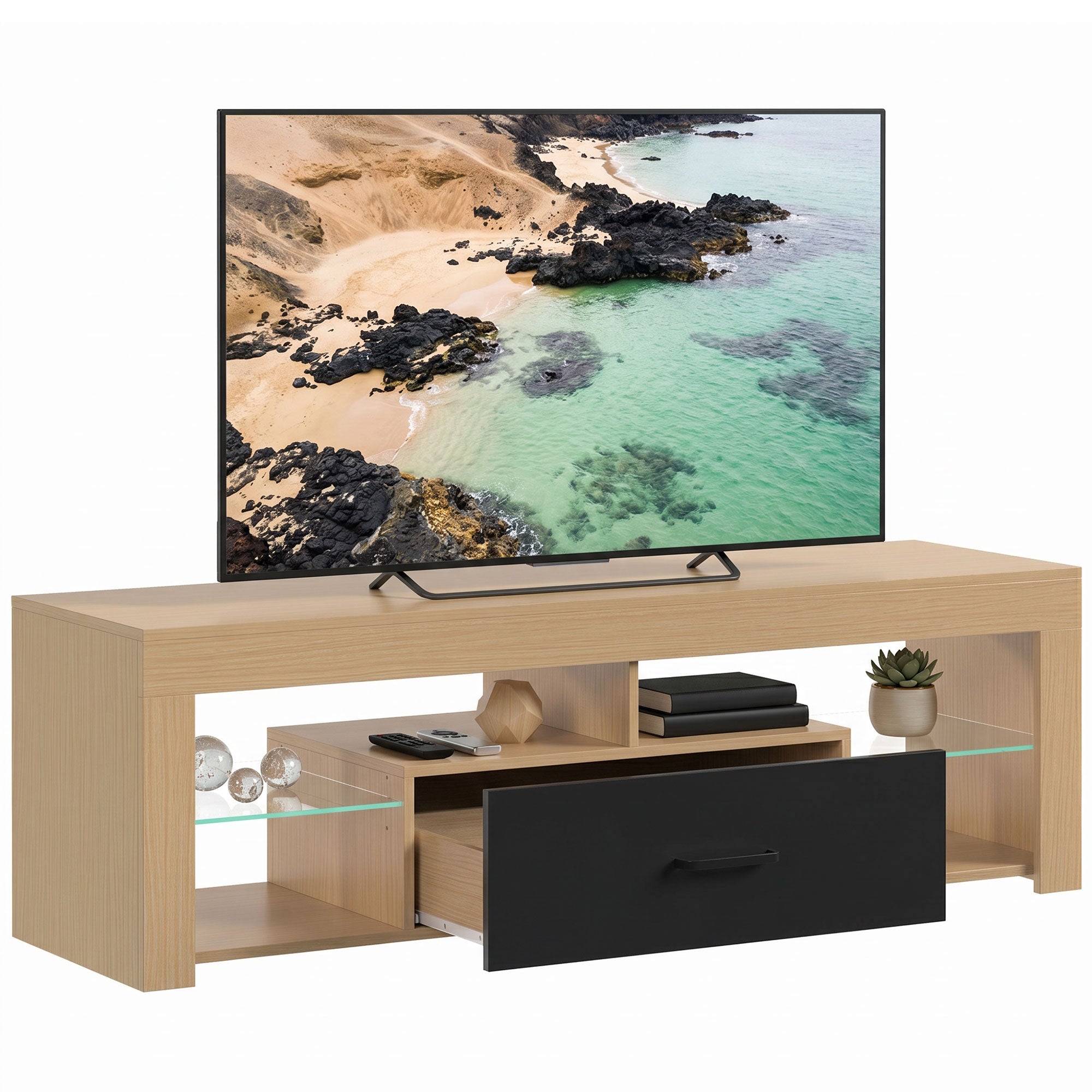 Meuble TV 140 cm, Meuble Télé pour Téléviseur jusqu'à 65 Pouces avec Étagères en Verre Réglables, Tiroir et Compartiments Ouverts, Banc TV Moderne pour Salon, Chambre à Coucher, Chêne