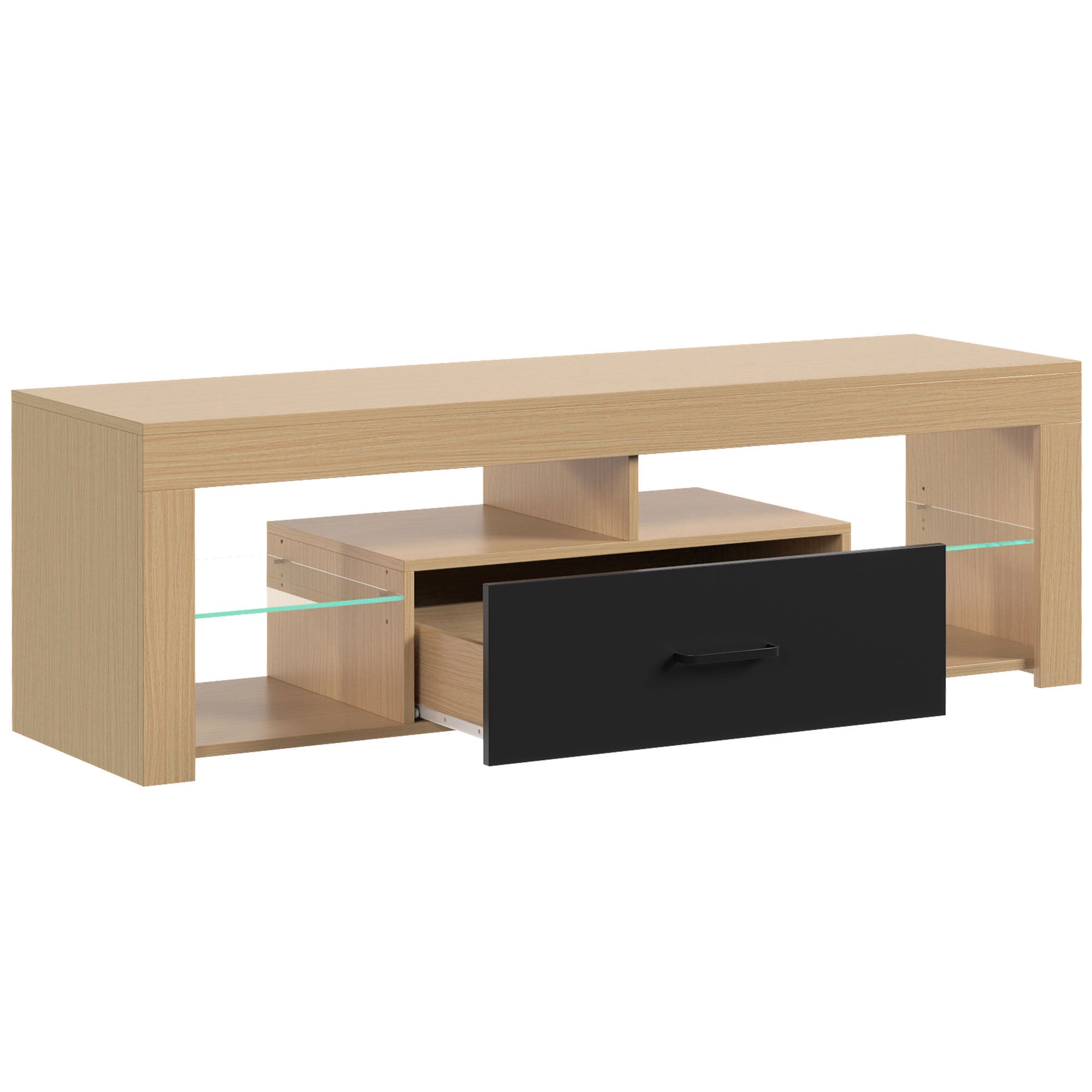 Meuble TV 140 cm, Meuble Télé pour Téléviseur jusqu'à 65 Pouces avec Étagères en Verre Réglables, Tiroir et Compartiments Ouverts, Banc TV Moderne pour Salon, Chambre à Coucher, Chêne