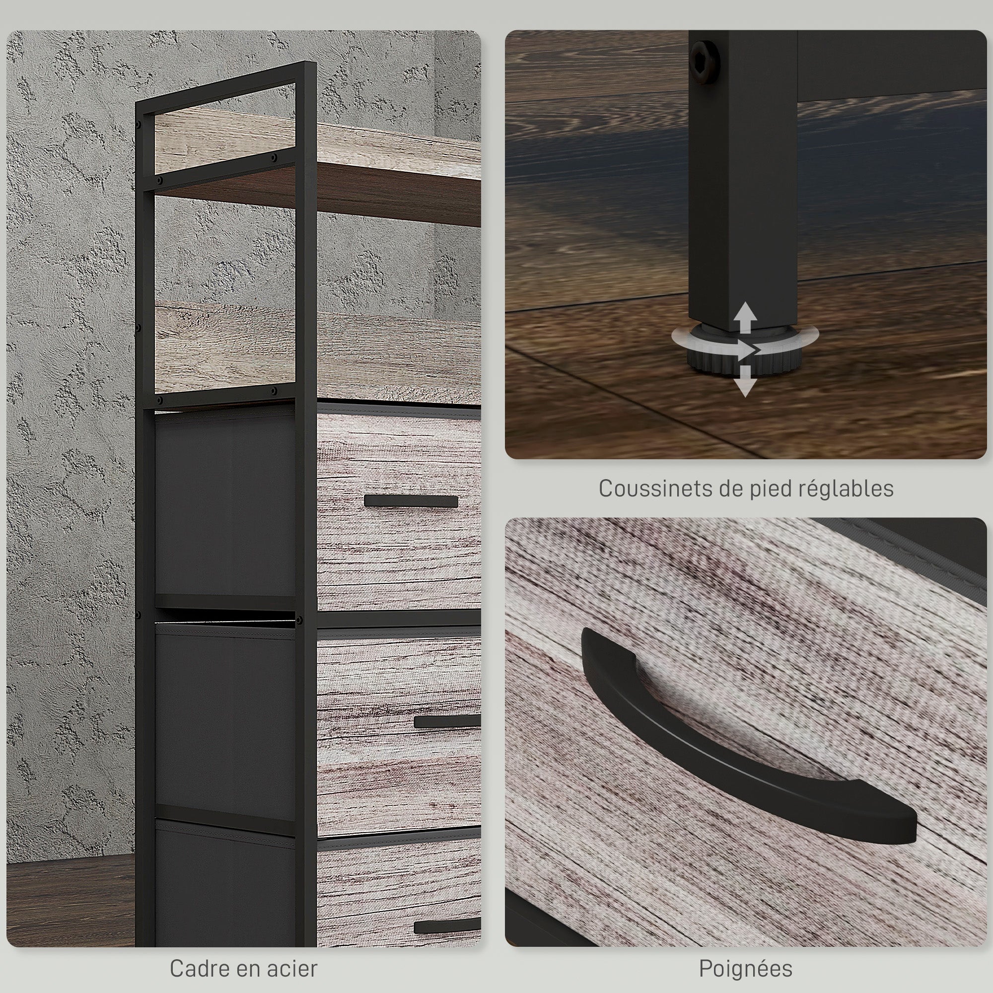 Commode chambre meuble de rangement commode 7 tiroirs en tissu pliables et amovibles avec étagères ouvertes et cadre en acier, chiffonnier pour salon, chambre, entrée, gris