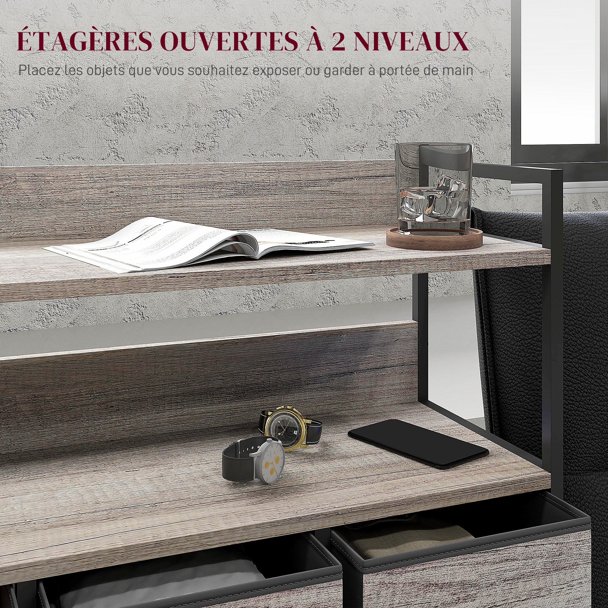 Commode chambre meuble de rangement commode 7 tiroirs en tissu pliables et amovibles avec étagères ouvertes et cadre en acier, chiffonnier pour salon, chambre, entrée, gris