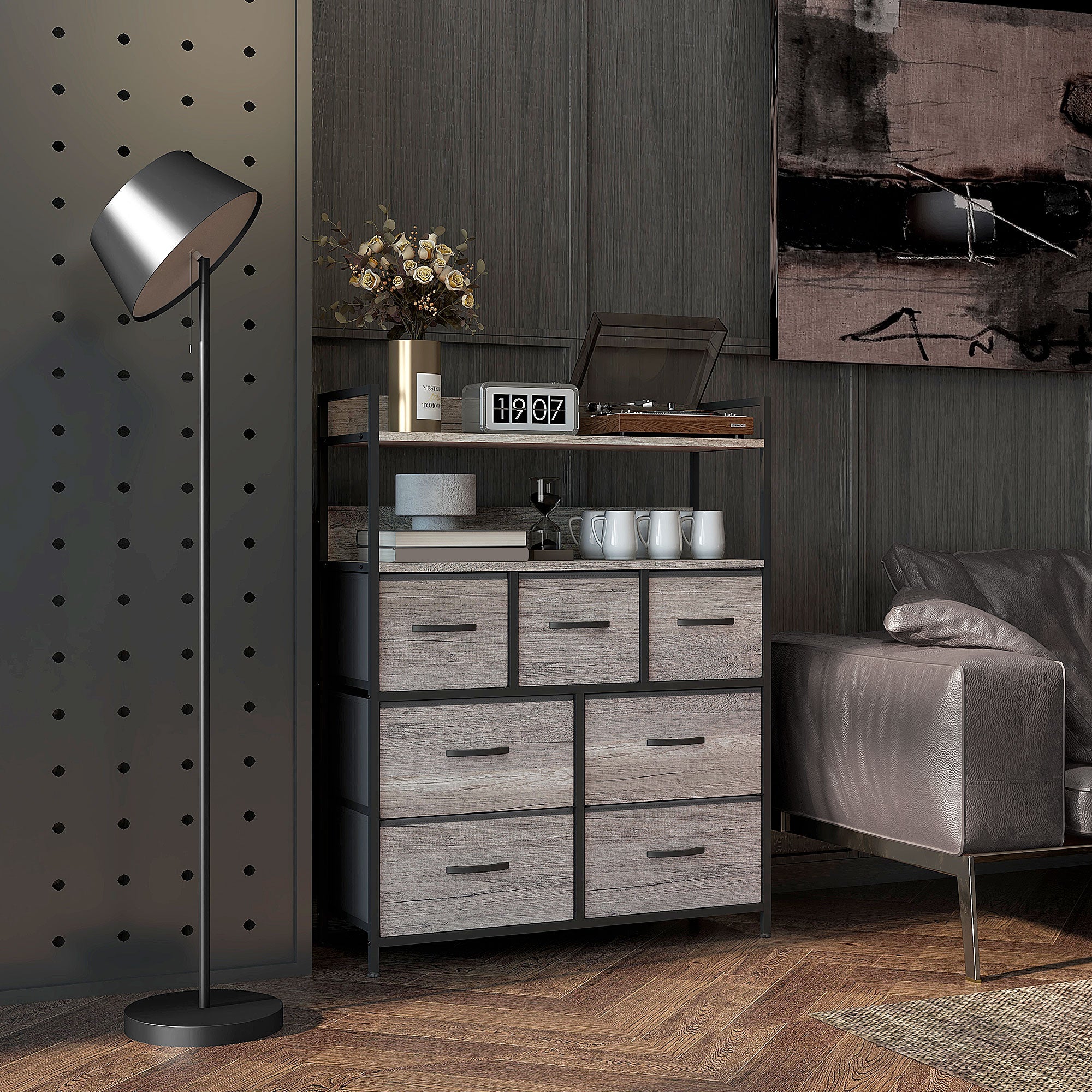 Commode chambre meuble de rangement commode 7 tiroirs en tissu pliables et amovibles avec étagères ouvertes et cadre en acier, chiffonnier pour salon, chambre, entrée, gris