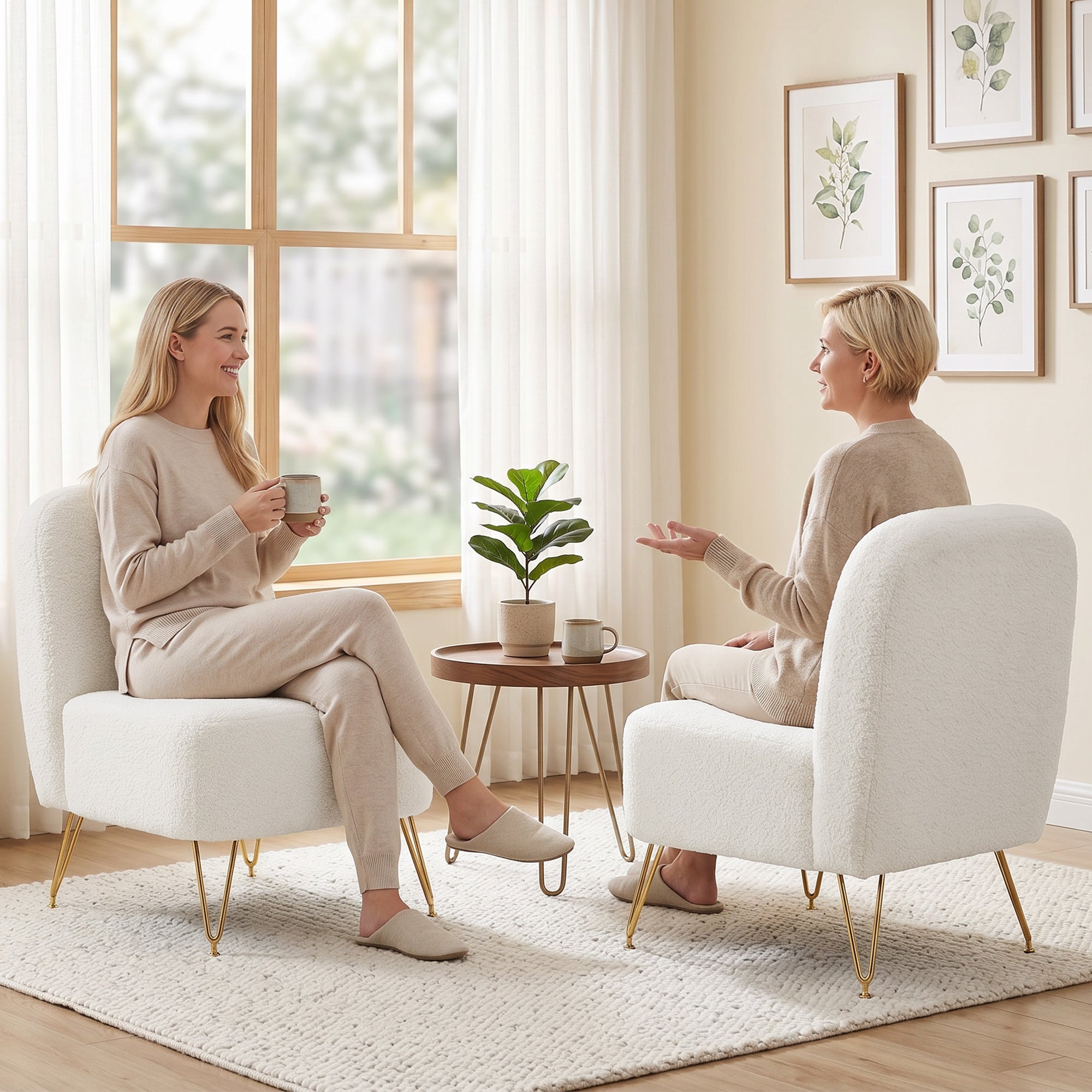 Fauteuil Salon Sans Accoudoirs, Fauteuil d'Appoint Rembourré en Tissu Bouclette, Coussin Épais, Assise Large, Pieds en Métal Doré, Style Moderne, Chaise de Salon, Chambre, Coins Lecture, Blanc