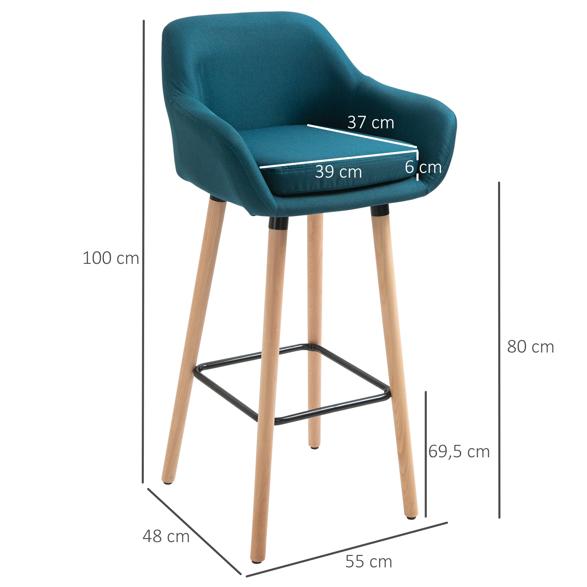Tabourets de Bar Design scandinave - Lot de 2 tabourets de Bar Grand Confort avec Repose-Pieds et accoudoirs - Bois massif Lin bleu