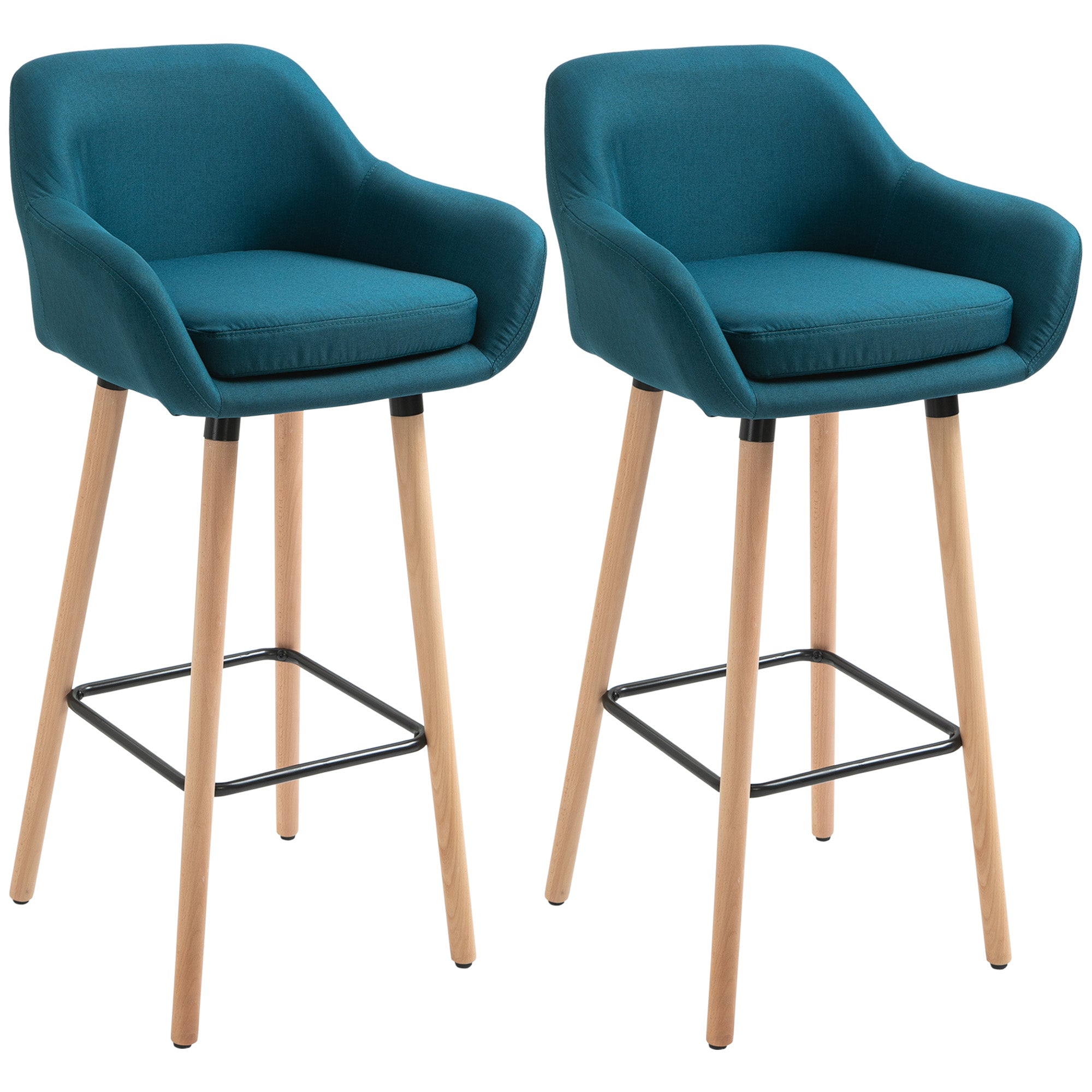 Tabourets de Bar Design scandinave - Lot de 2 tabourets de Bar Grand Confort avec Repose-Pieds et accoudoirs - Bois massif Lin bleu