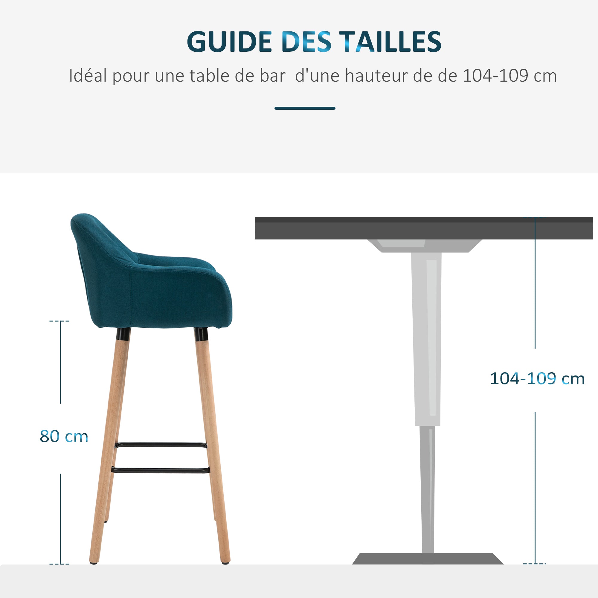 Tabourets de Bar Design scandinave - Lot de 2 tabourets de Bar Grand Confort avec Repose-Pieds et accoudoirs - Bois massif Lin bleu