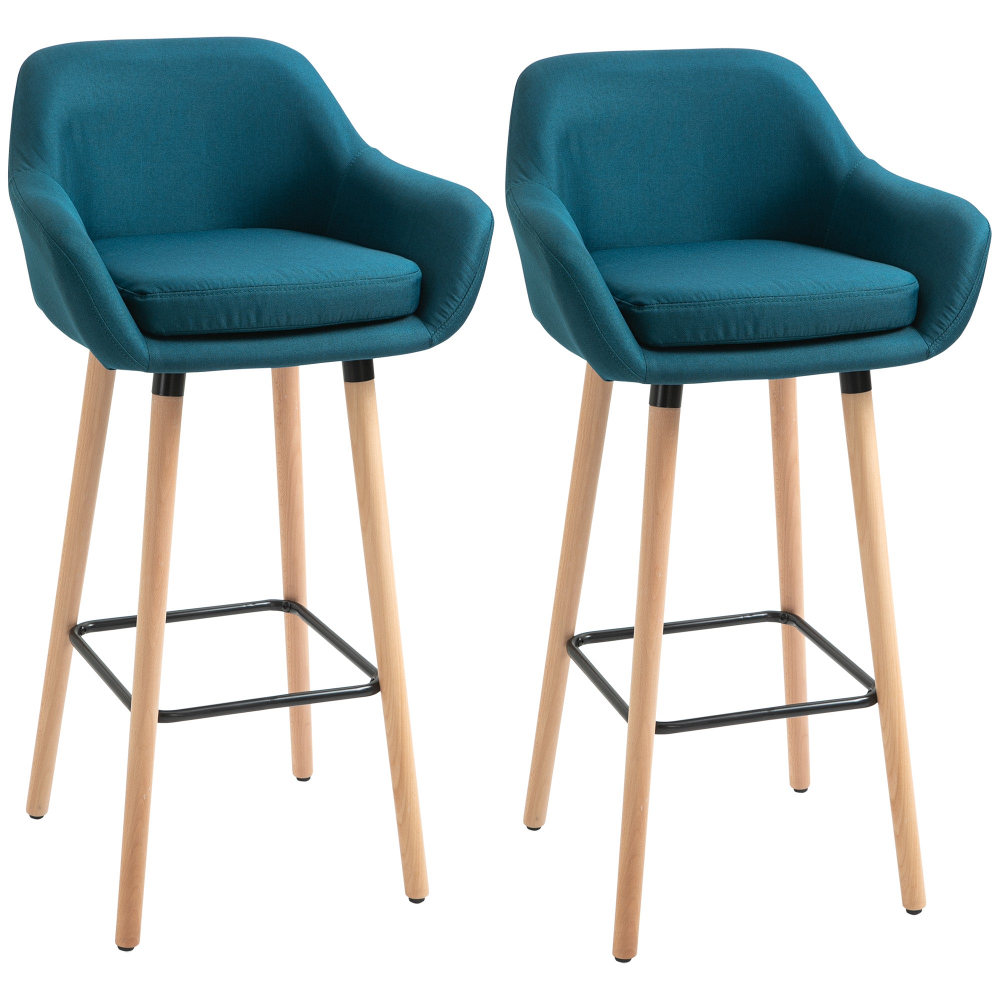 Tabourets de Bar Design scandinave - Lot de 2 tabourets de Bar Grand Confort avec Repose-Pieds et accoudoirs - Bois massif Lin bleu
