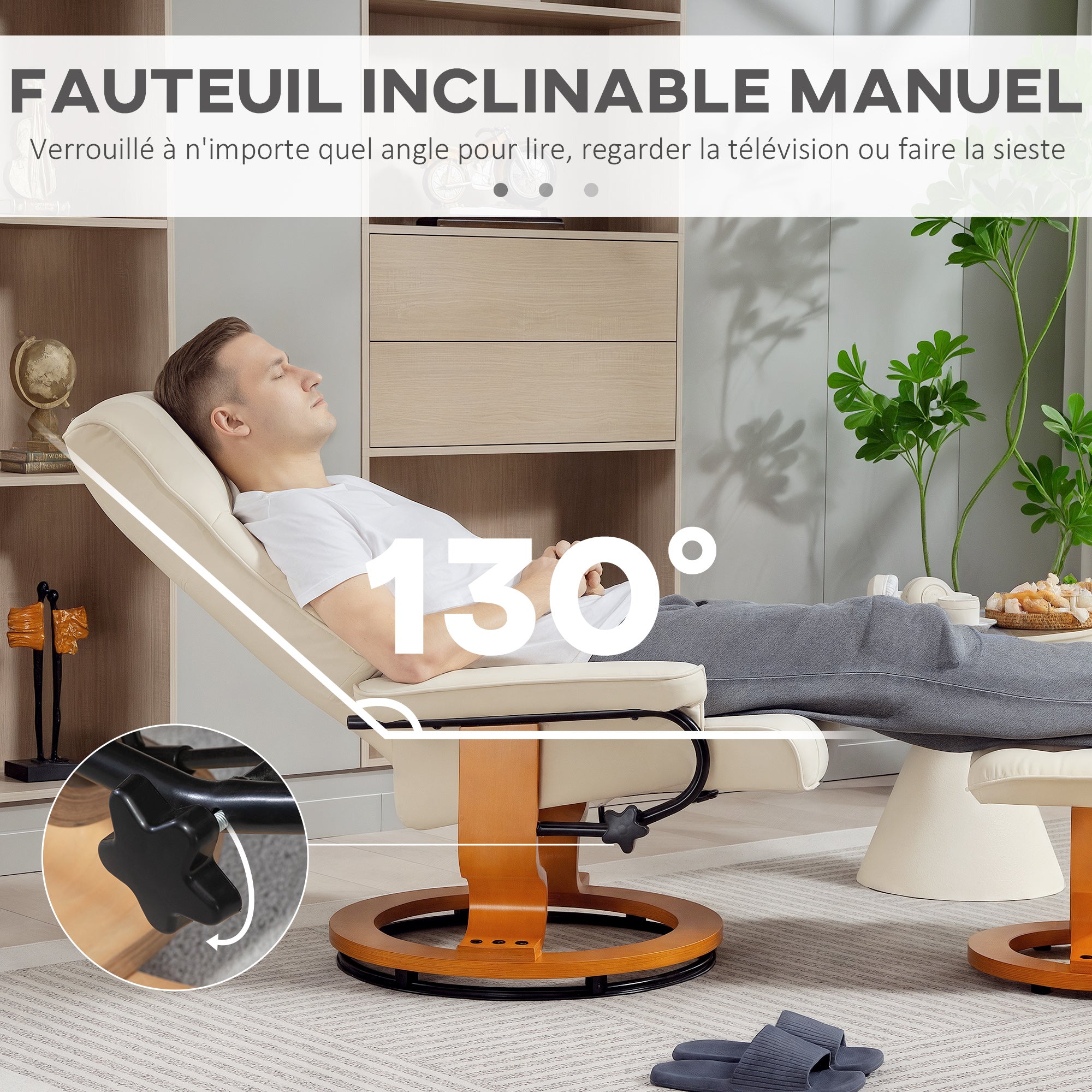 Fauteuil de relaxation inclinable avec repose-pied fauteuil relax de salon pivotant, cadre en bois revêtement synthétique 76 x 85 x 104 cm crème
