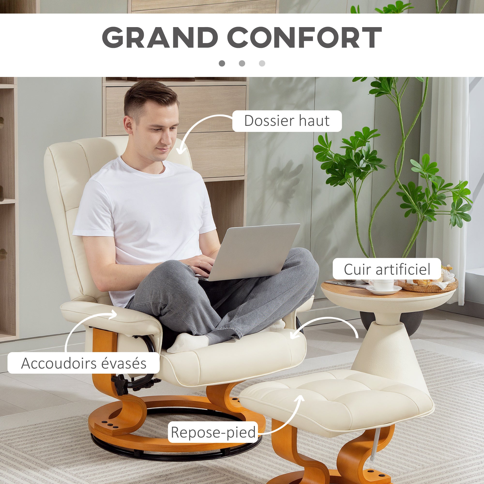 Fauteuil de relaxation inclinable avec repose-pied fauteuil relax de salon pivotant, cadre en bois revêtement synthétique 76 x 85 x 104 cm crème
