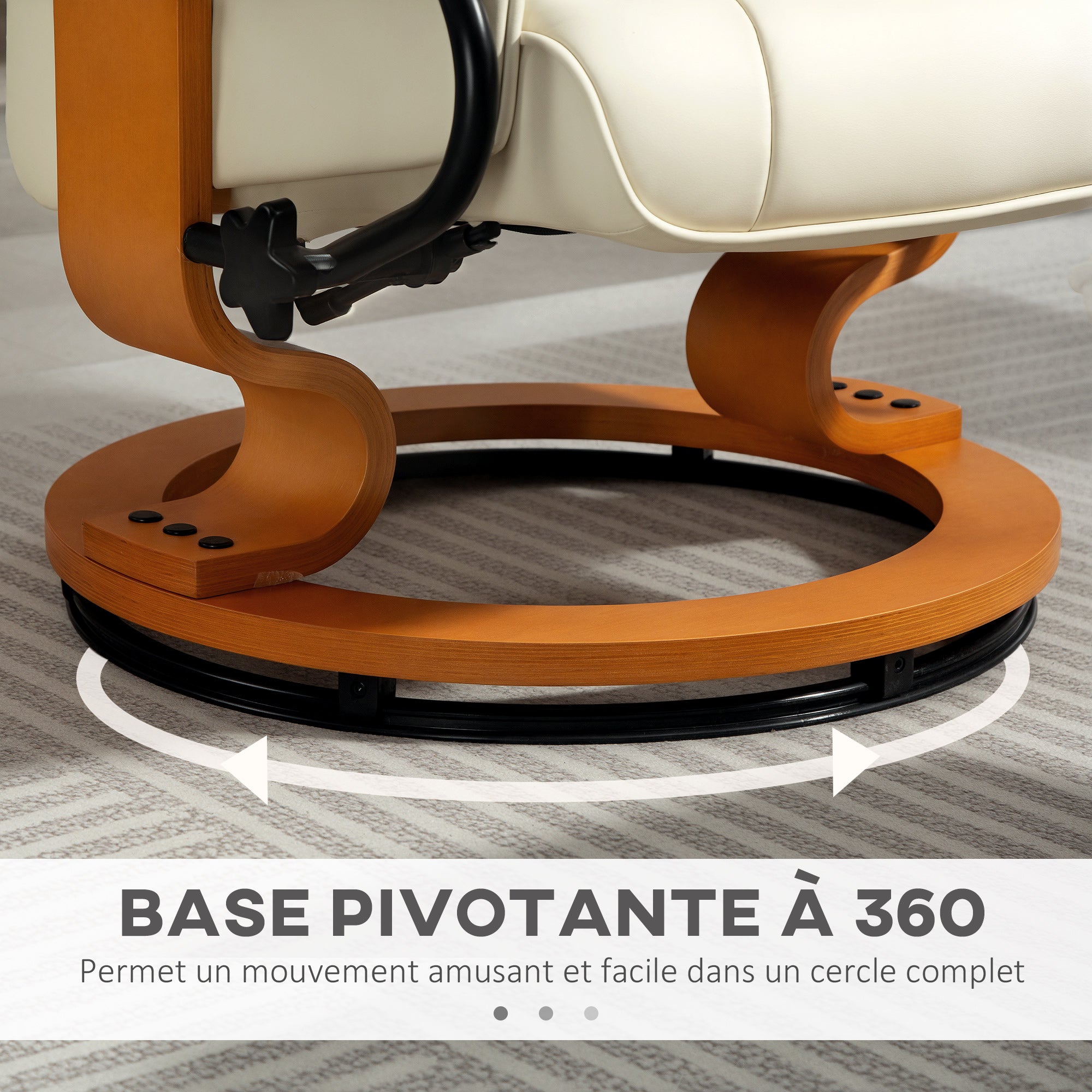 Fauteuil de relaxation inclinable avec repose-pied fauteuil relax de salon pivotant, cadre en bois revêtement synthétique 76 x 85 x 104 cm crème