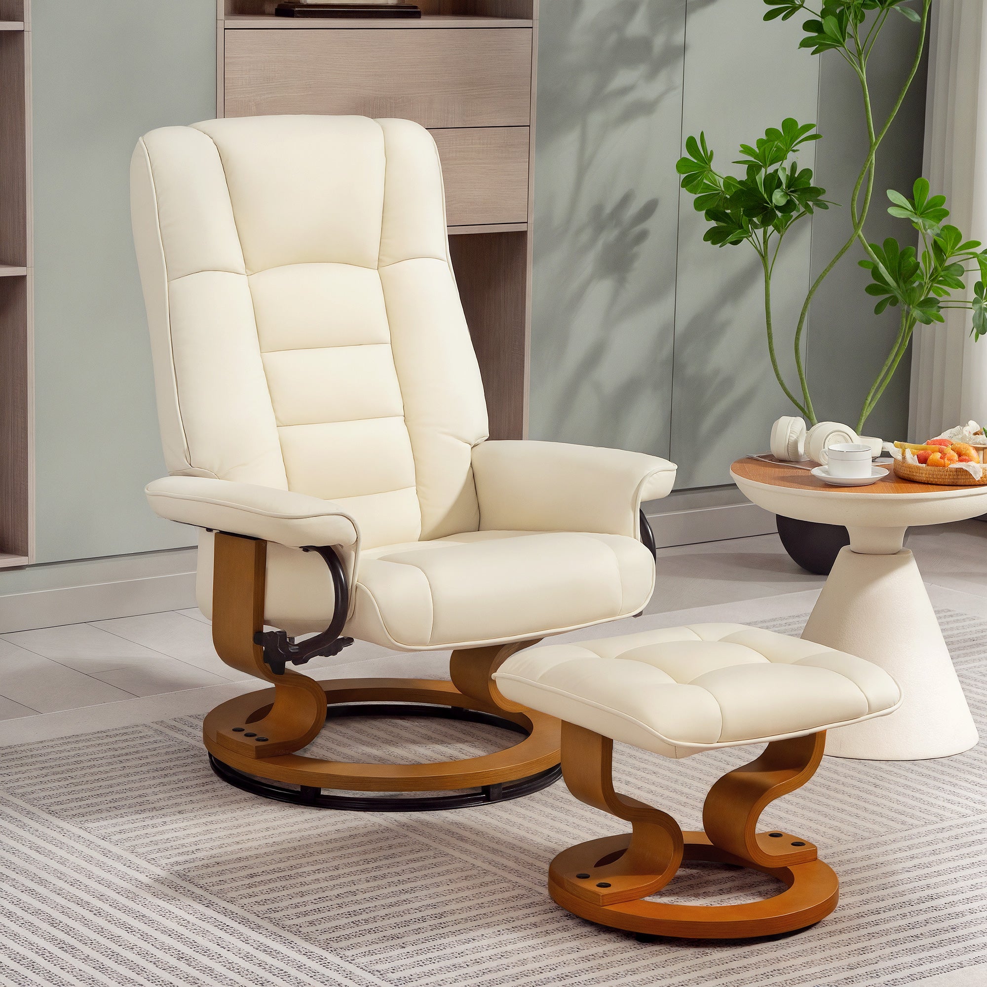 Fauteuil de relaxation inclinable avec repose-pied fauteuil relax de salon pivotant, cadre en bois revêtement synthétique 76 x 85 x 104 cm crème