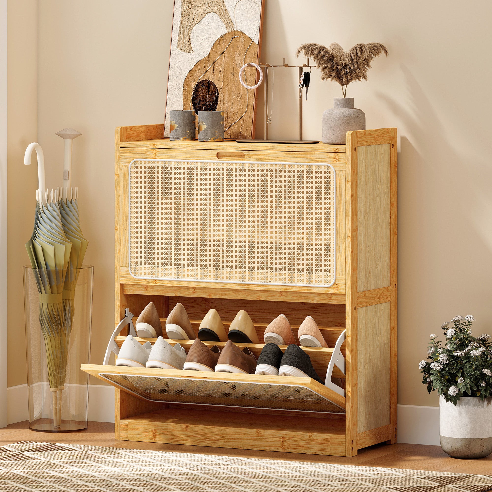 Meuble à chaussures 14 paires en bambou, armoire à chaussures étroite avec 2 tiroirs rabattables et étagères réglables, style bohème, pour couloir, entrée, 69 x 29 x 83 cm, bois naturel