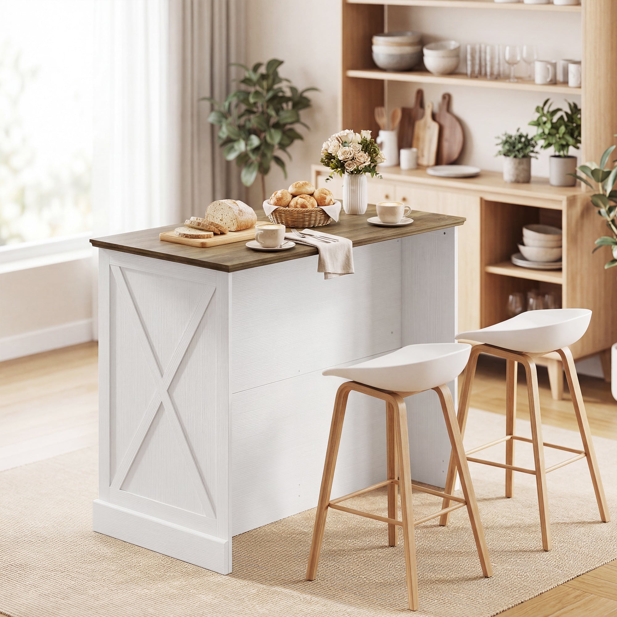 Îlot Central Cuisine, Buffet Cuisine, Meuble de Rangement avec 2 Tiroirs, 2 Portes Coulissantes et Étagère Réglable, Style Rustique, 106,4 x 57 x 92 cm, Blanc et Marron