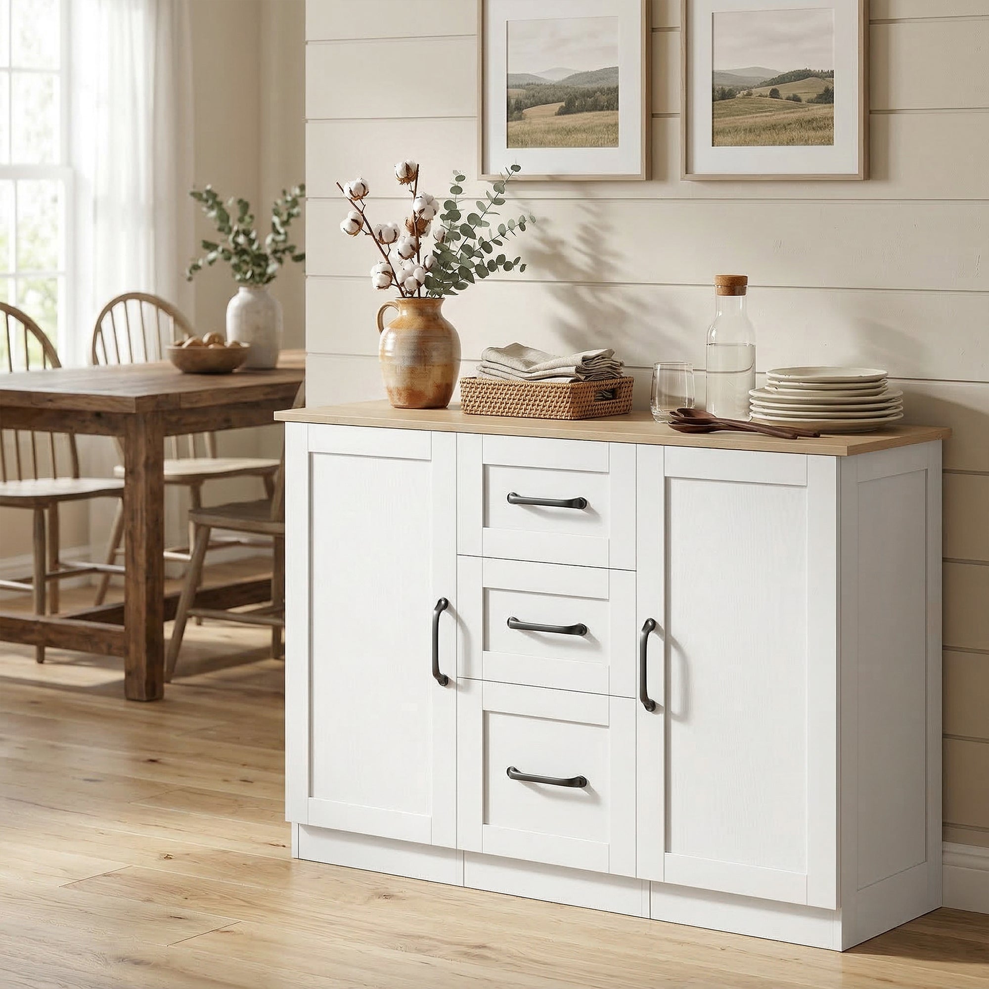 Buffet salon, meuble de rangement avec 2 portes à fermeture douce et 3 tiroirs, style moderne, buffet salle à manger et cuisine, 110 x 35 x 80,4 cm, blanc et bois naturel
