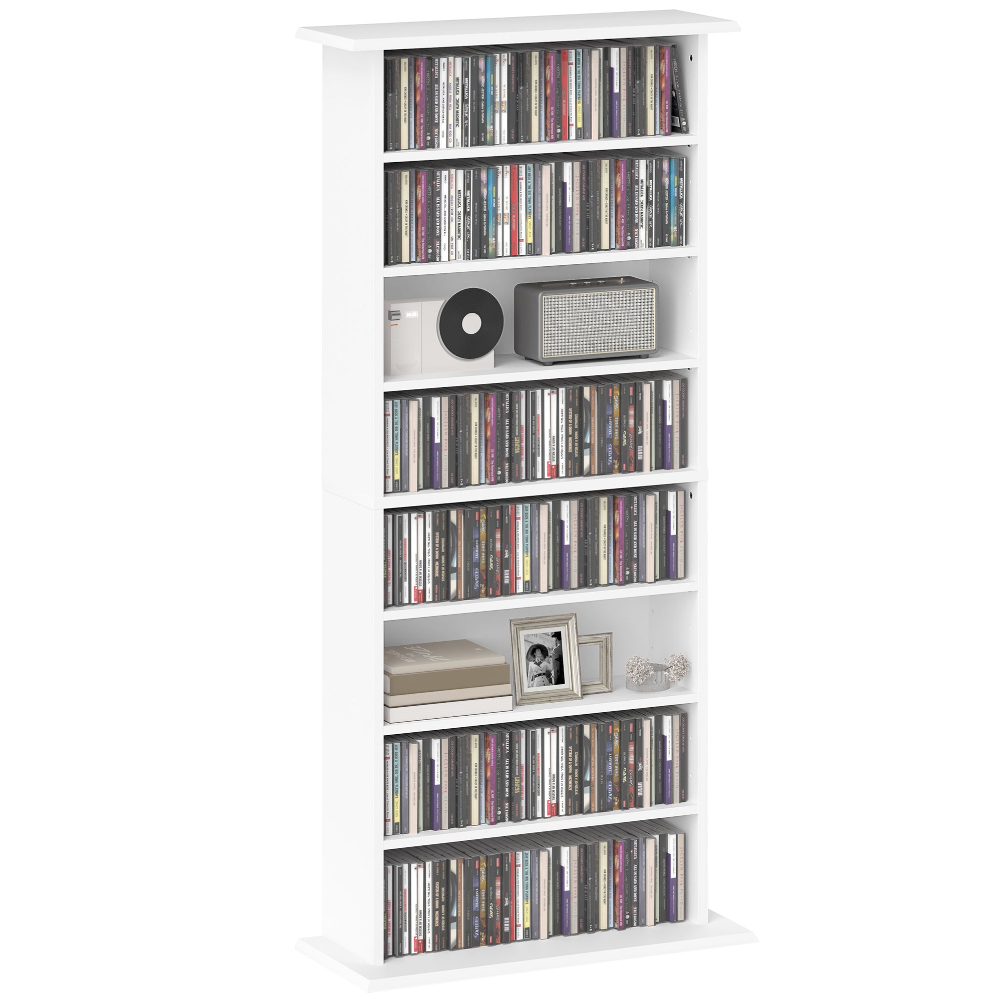 Rangements pour CD et DVD, meuble de rangement multimédia avec 8 compartiments et 6 étagères réglables, capacité max. 360 CD/185 DVD et Blu-ray, 58 x 24 x 126,5 cm, blanc