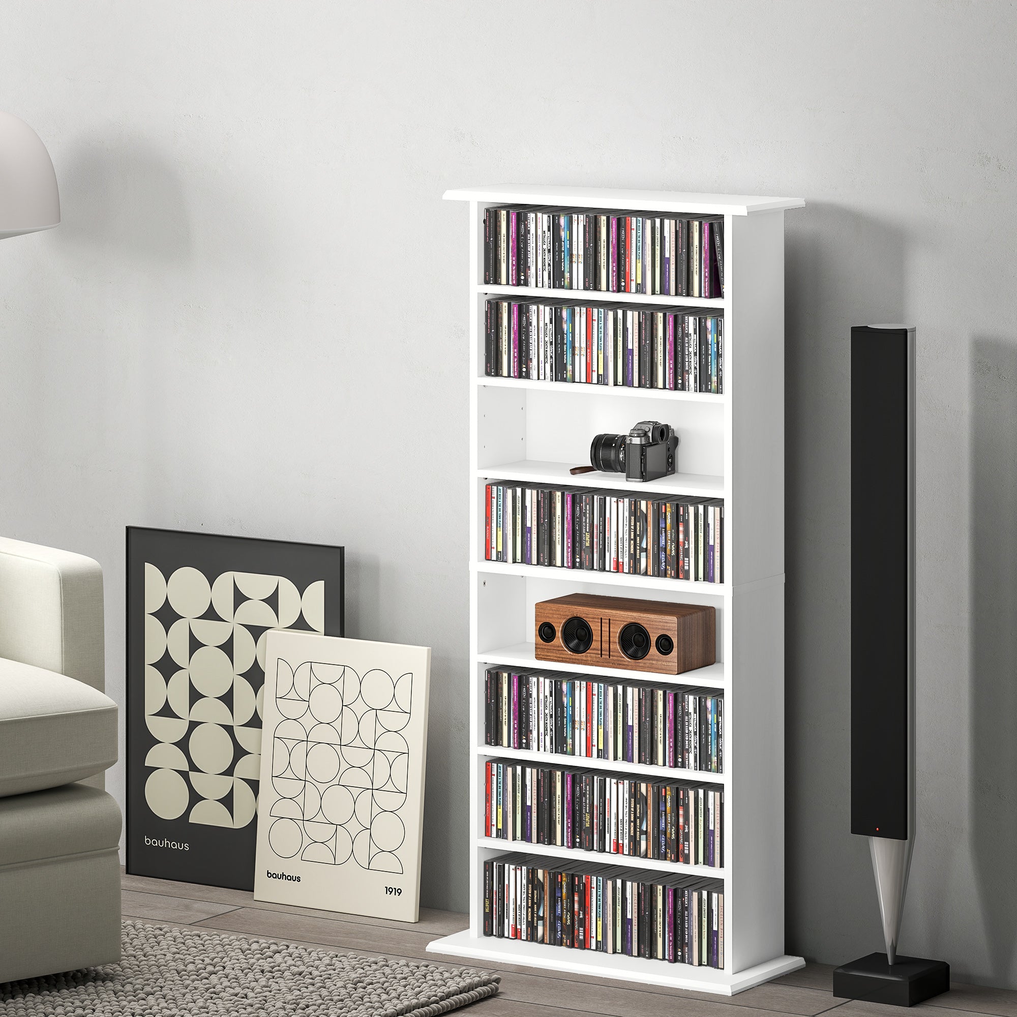 Rangements pour CD et DVD, meuble de rangement multimédia avec 8 compartiments et 6 étagères réglables, capacité max. 360 CD/185 DVD et Blu-ray, 58 x 24 x 126,5 cm, blanc
