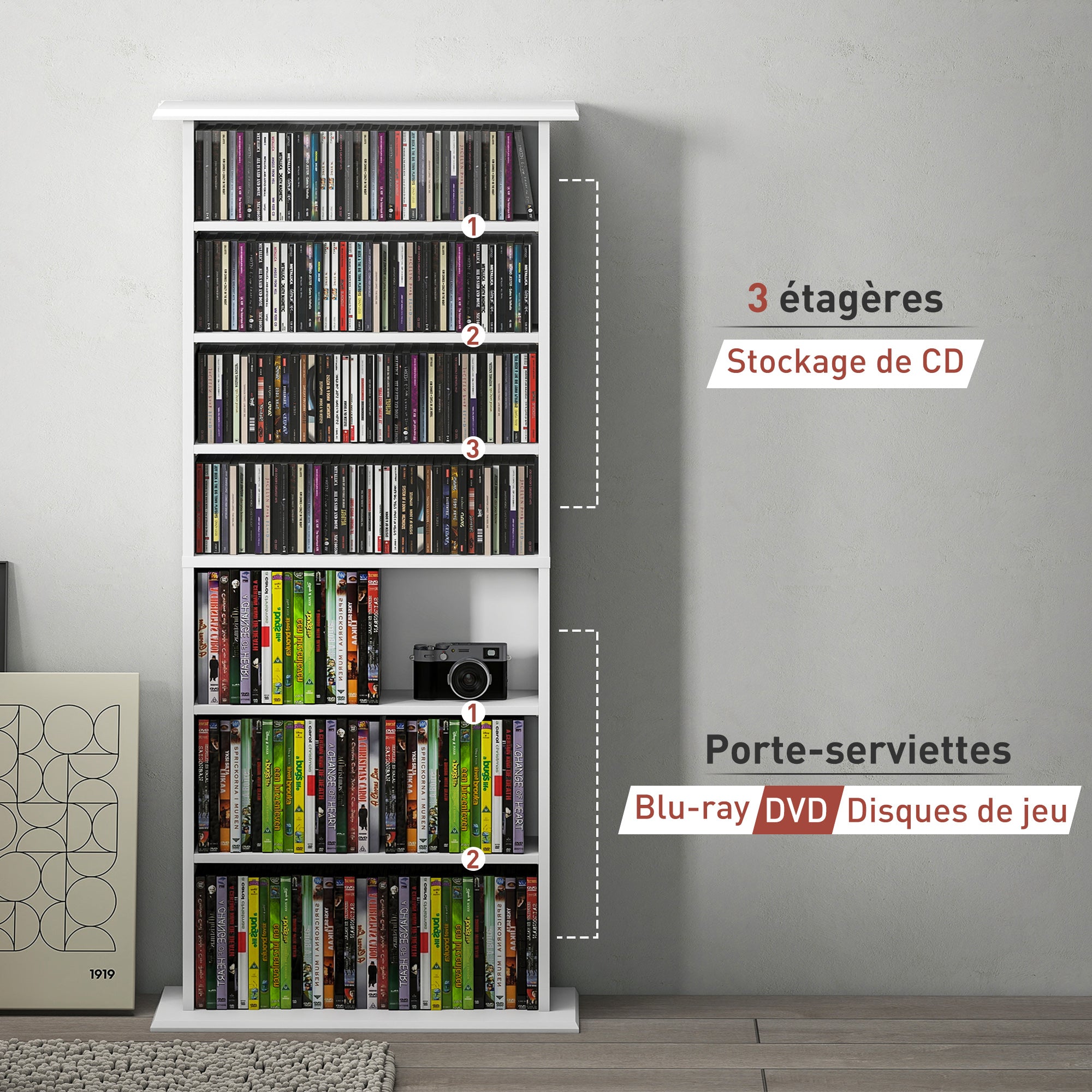 Rangements pour CD et DVD, meuble de rangement multimédia avec 8 compartiments et 6 étagères réglables, capacité max. 360 CD/185 DVD et Blu-ray, 58 x 24 x 126,5 cm, blanc