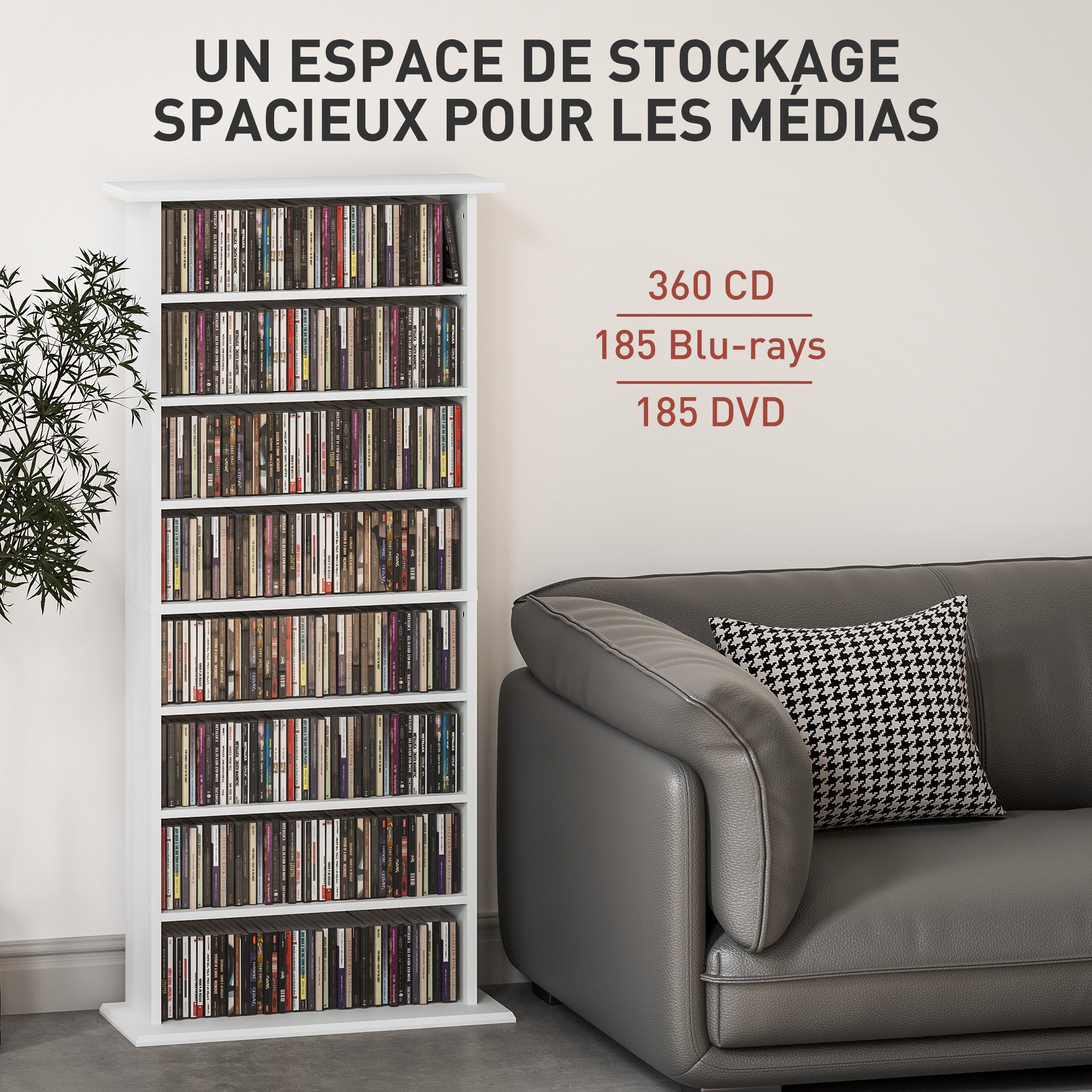 Rangements pour CD et DVD, meuble de rangement multimédia avec 8 compartiments et 6 étagères réglables, capacité max. 360 CD/185 DVD et Blu-ray, 58 x 24 x 126,5 cm, blanc
