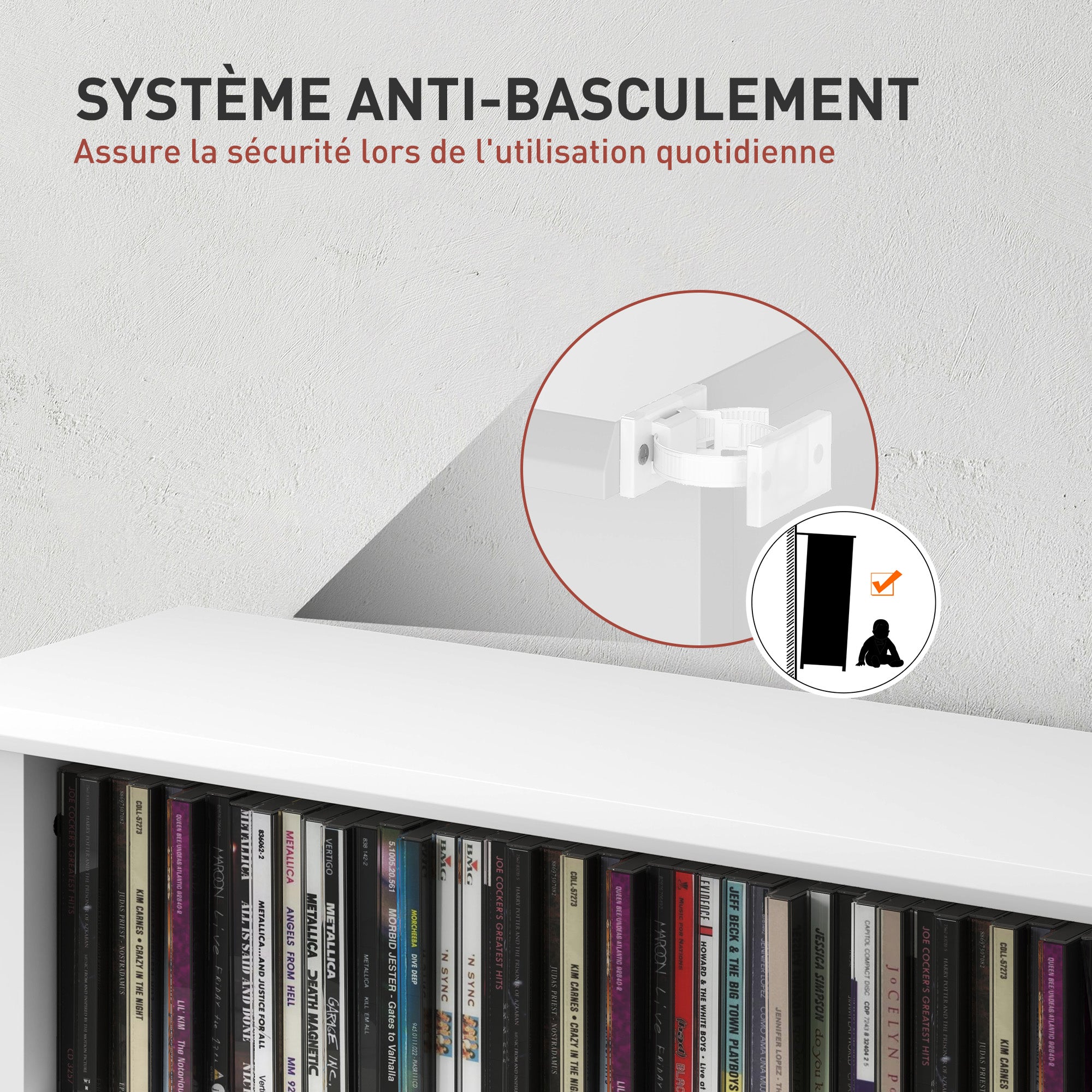 Rangements pour CD et DVD, meuble de rangement multimédia avec 8 compartiments et 6 étagères réglables, capacité max. 360 CD/185 DVD et Blu-ray, 58 x 24 x 126,5 cm, blanc