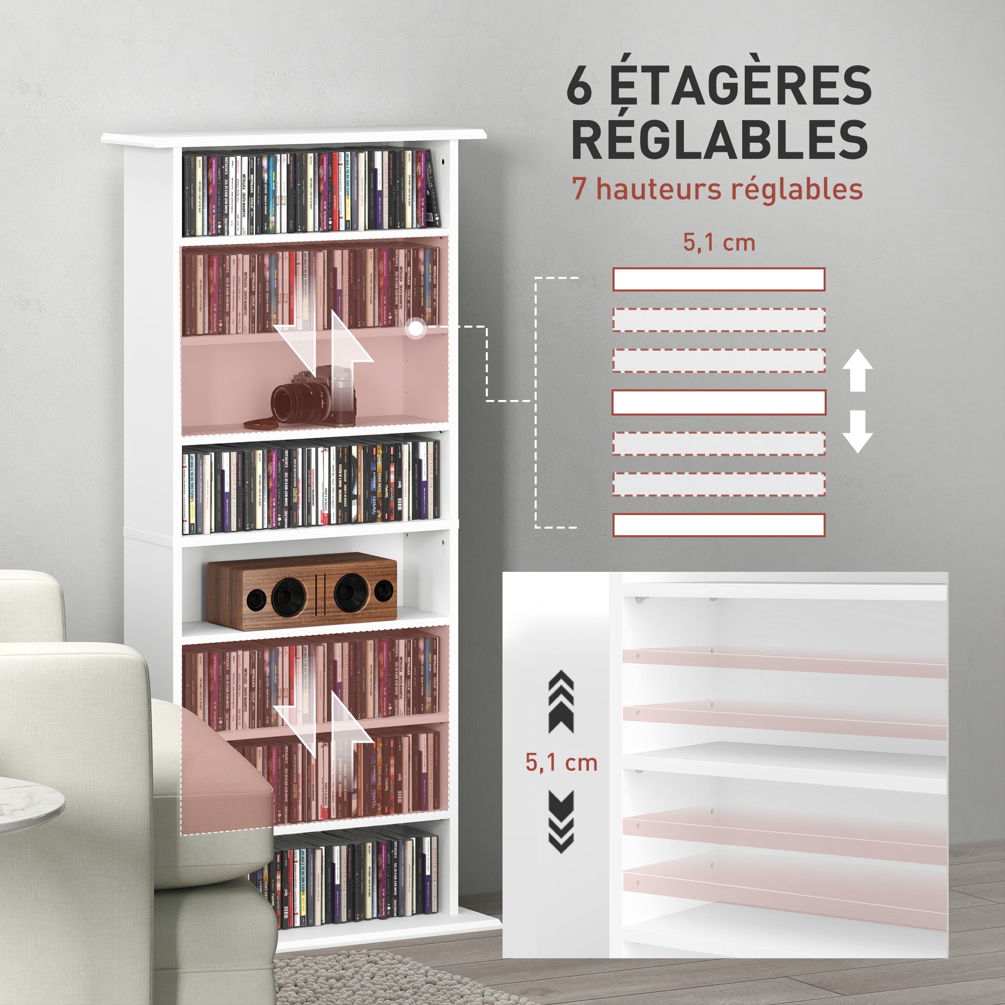 Rangements pour CD et DVD, meuble de rangement multimédia avec 8 compartiments et 6 étagères réglables, capacité max. 360 CD/185 DVD et Blu-ray, 58 x 24 x 126,5 cm, blanc