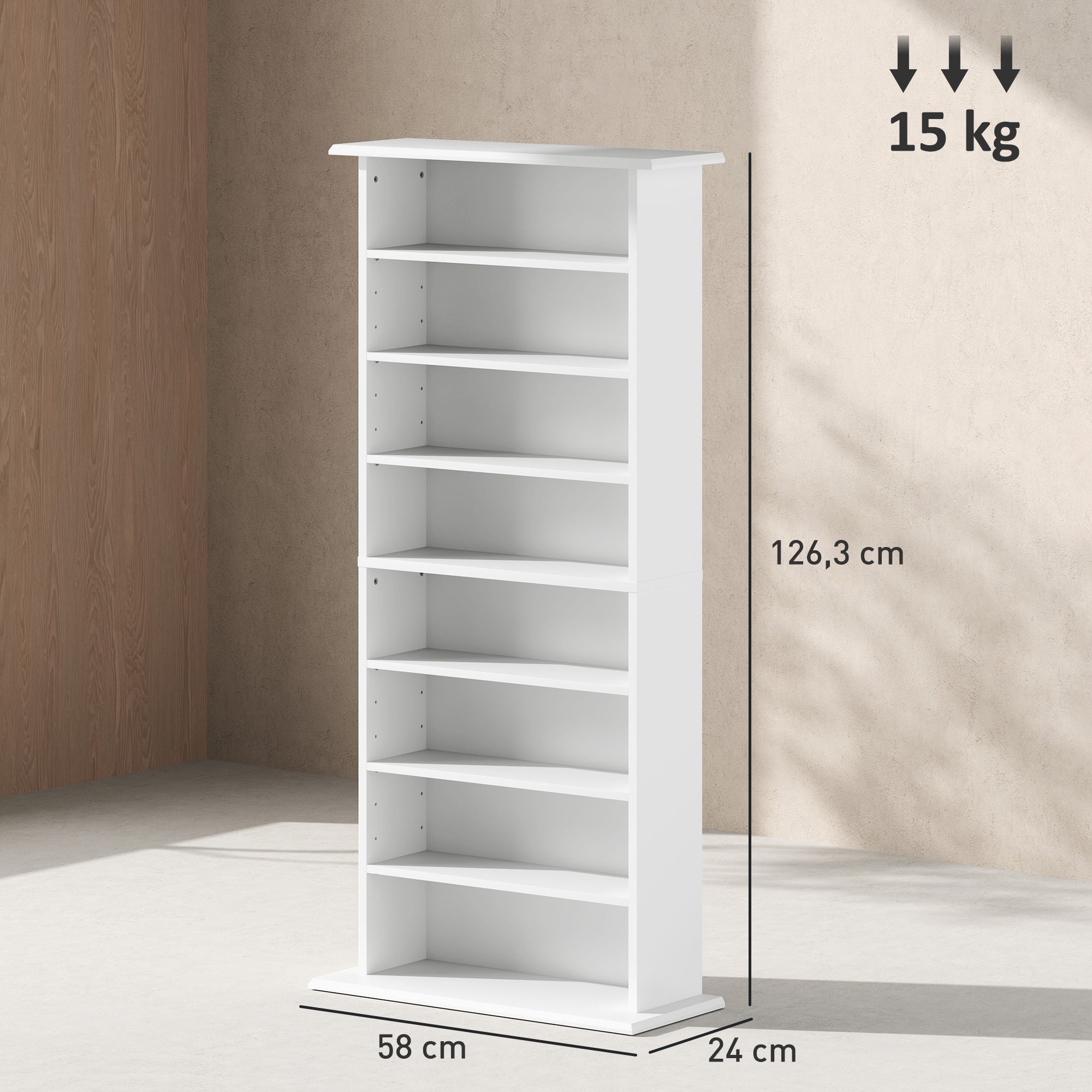 Rangements pour CD et DVD, meuble de rangement multimédia avec 8 compartiments et 6 étagères réglables, capacité max. 360 CD/185 DVD et Blu-ray, 58 x 24 x 126,5 cm, blanc