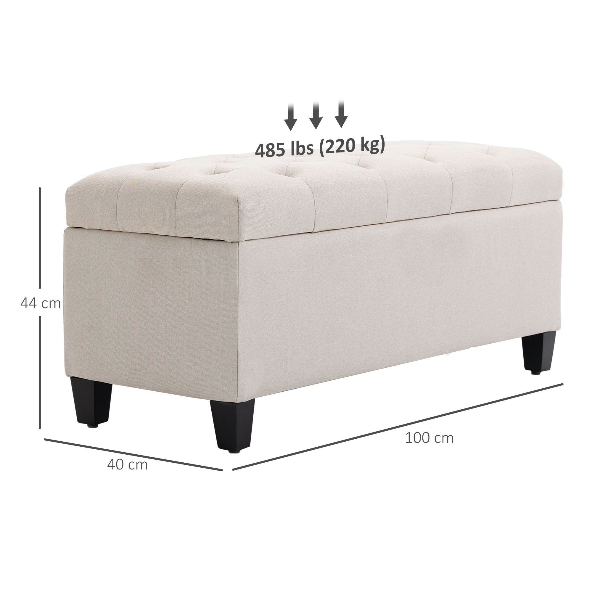 Banc de rangement pouf salon bout de lit capitonné coffre de rangement repose-pieds pour salon, chambre, entrée, 100 x 40 x 44 cm, blanc
